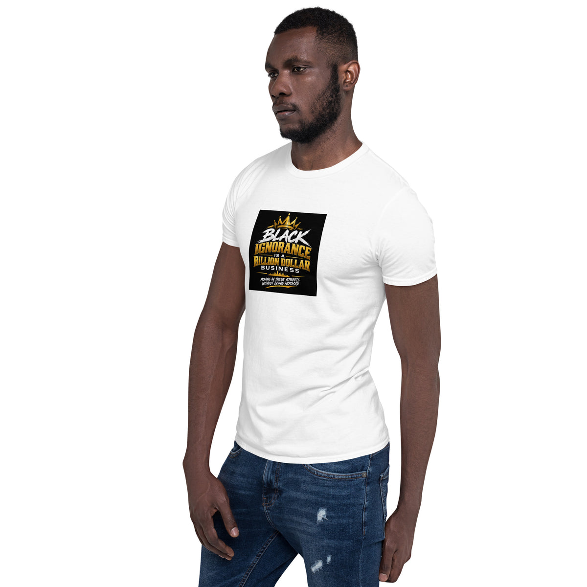 White unisex short-sleeve T-shirt with front graphic print, side profile