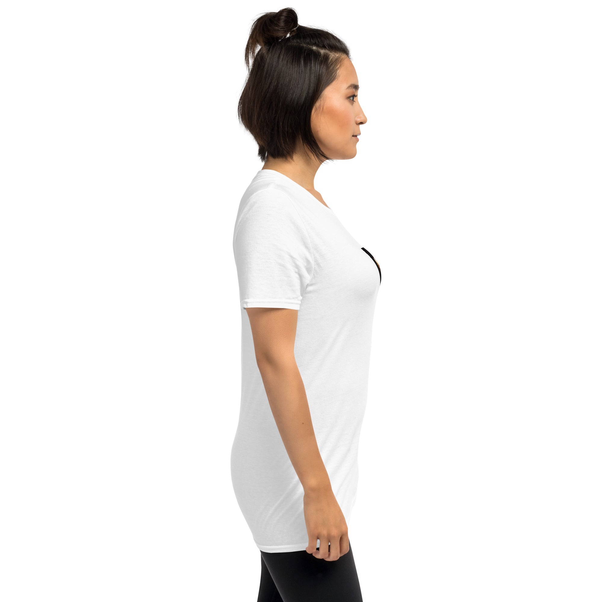 White unisex T-shirt back side view, short sleeves and straight hem