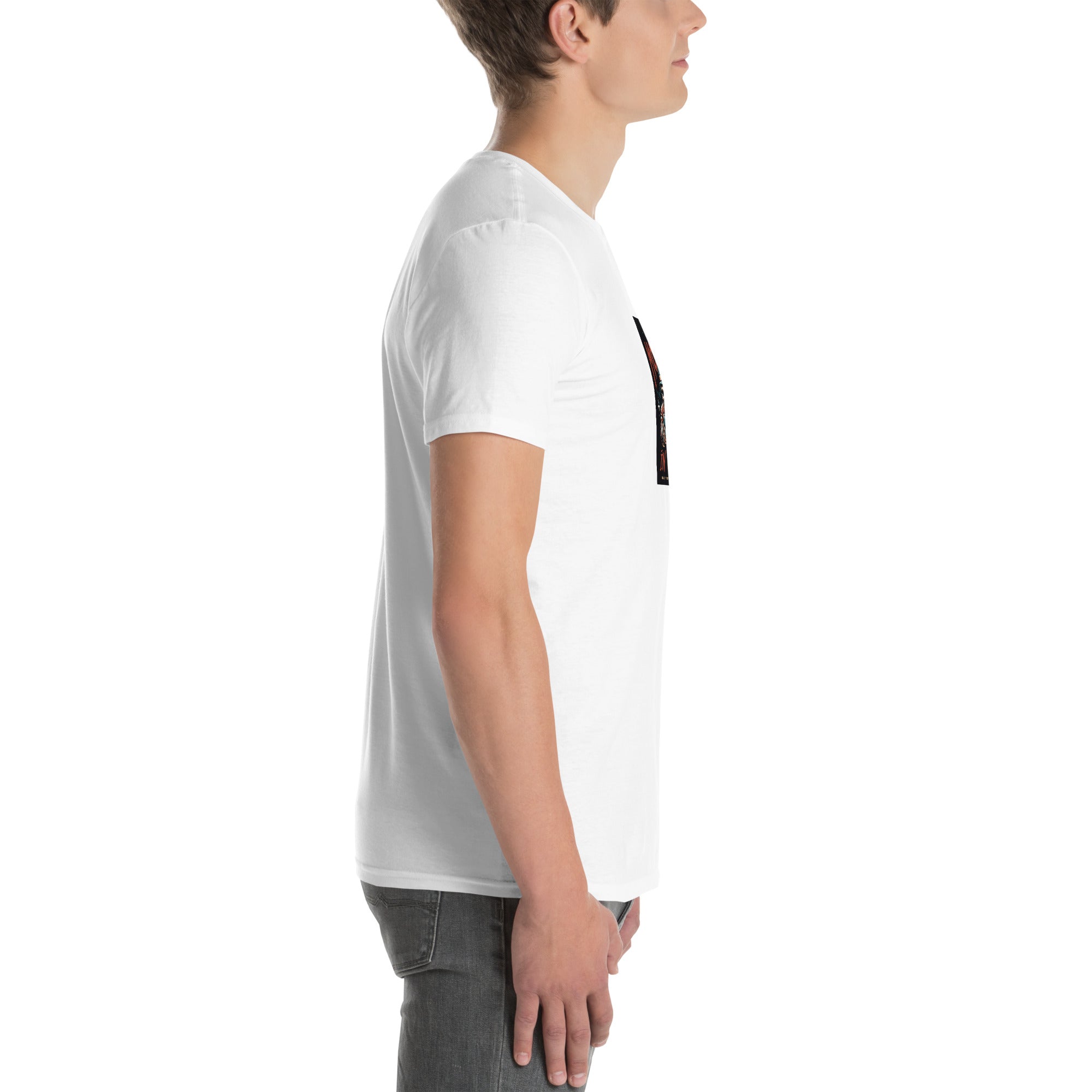 Unisex T-shirt in white, short sleeves; side view showing shoulder and sleeve graphic edge