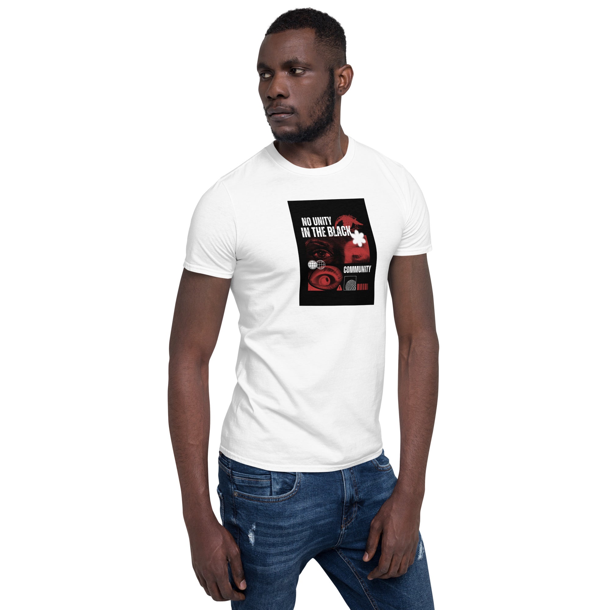 White unisex crew-neck T-shirt with front graphic print, front view