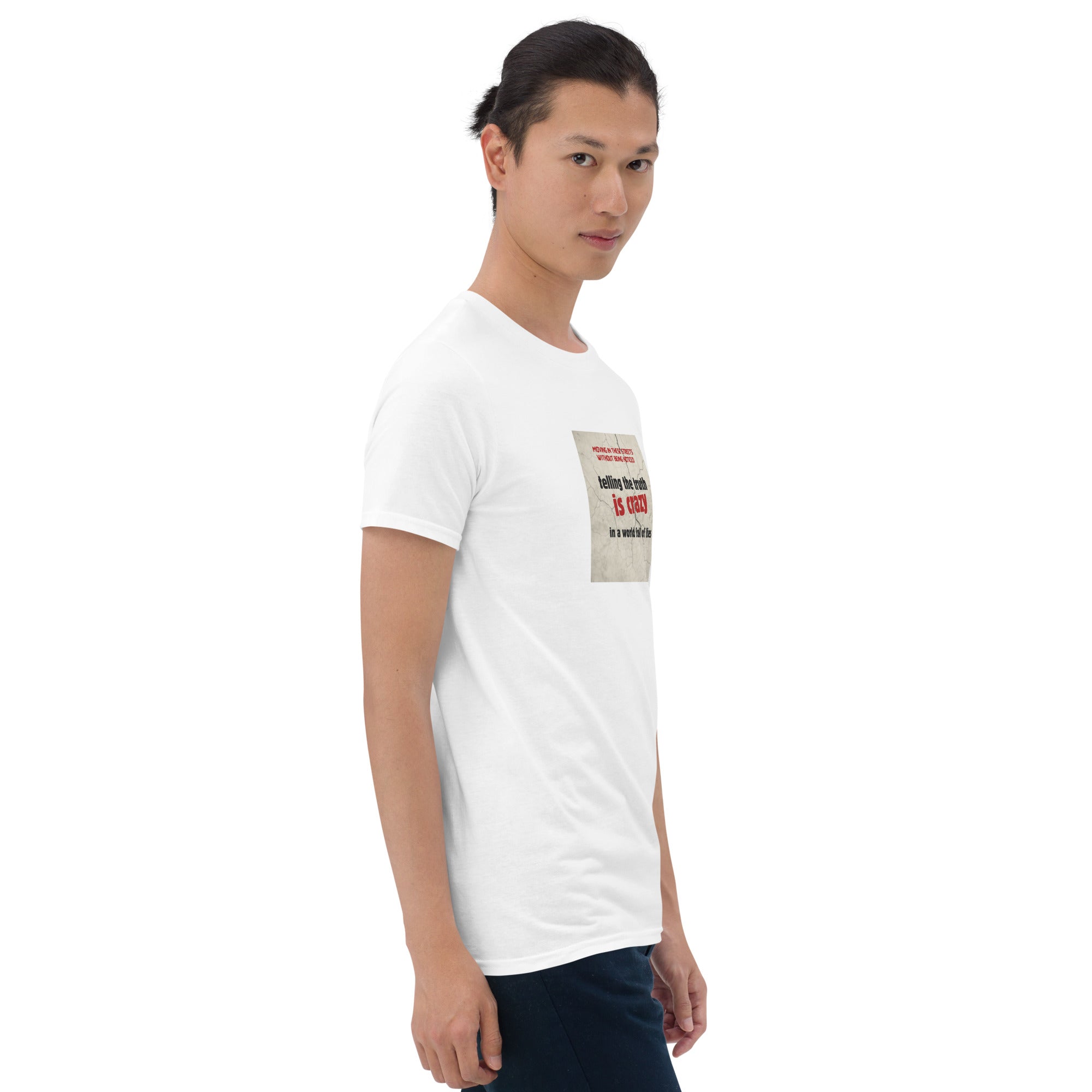 White T-shirt front close-up with square quote graphic, crew neck and short sleeves