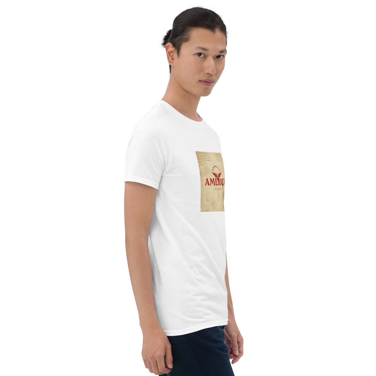 Unisex white graphic tee side-front view with square “AMERICA” print on chest