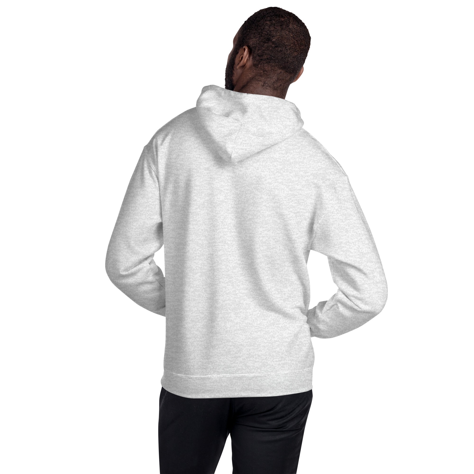 Light gray heather hoodie, back view with hood and ribbed cuffs