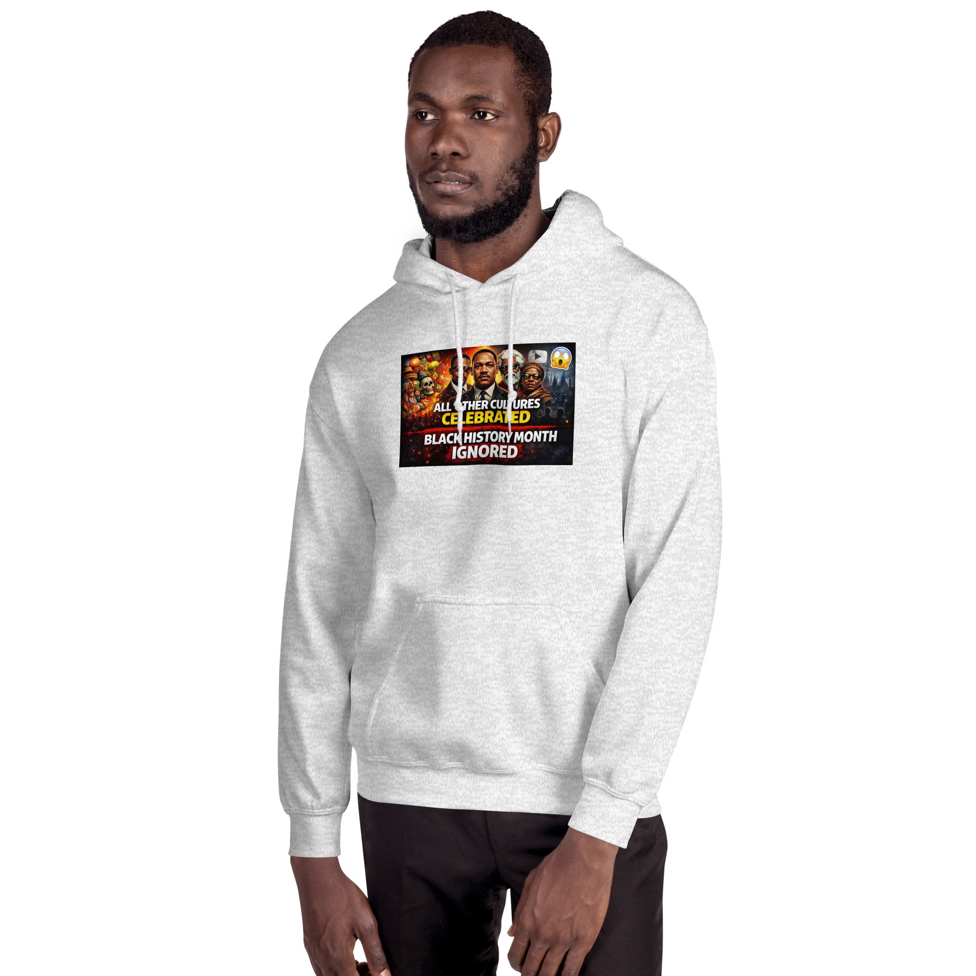 Black History Month unisex hoodie, light gray, front graphic and kangaroo pocket