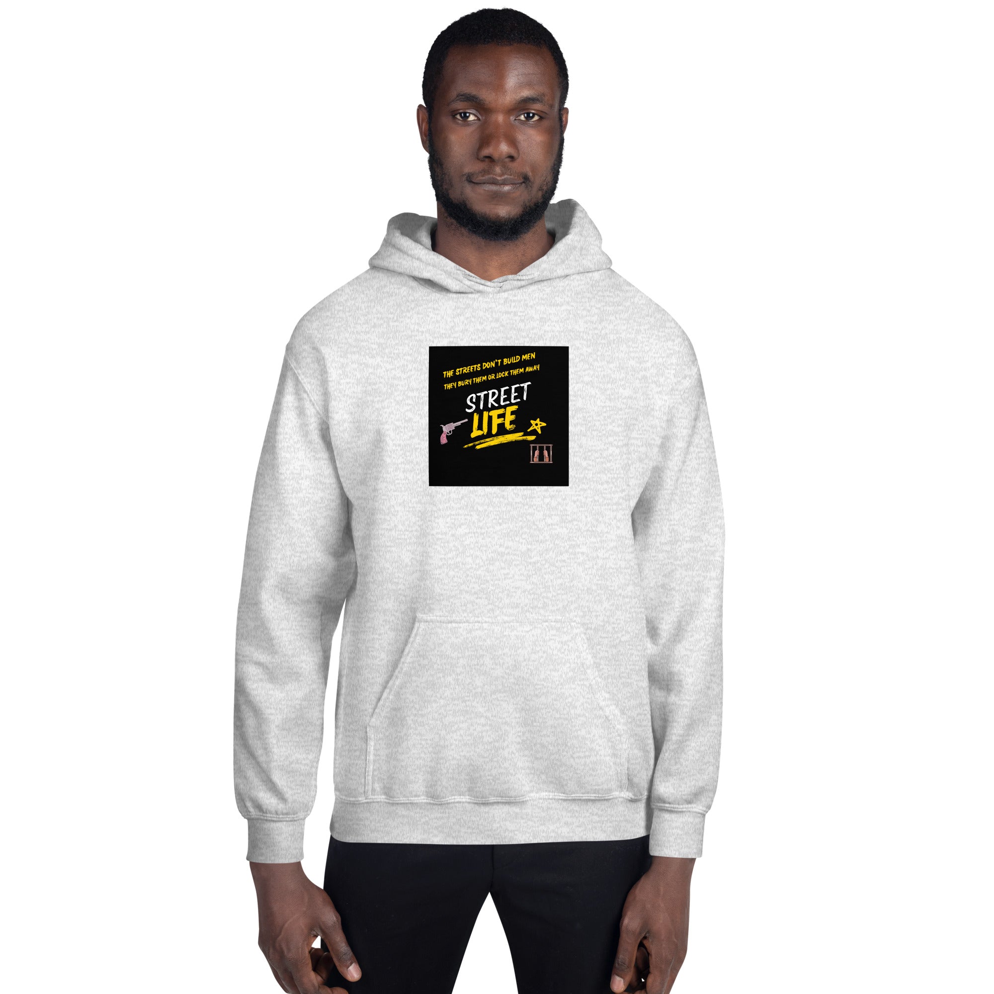 Heather gray Street Life hoodie with centered front print, pullover hood and ribbed cuffs