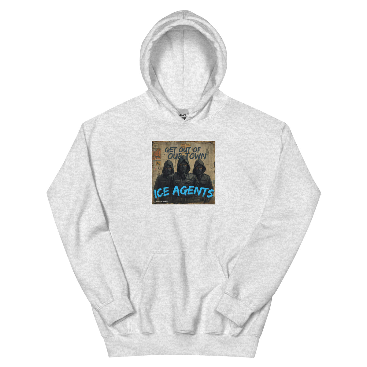 Light gray hoodie with front graphic print and pullover hood