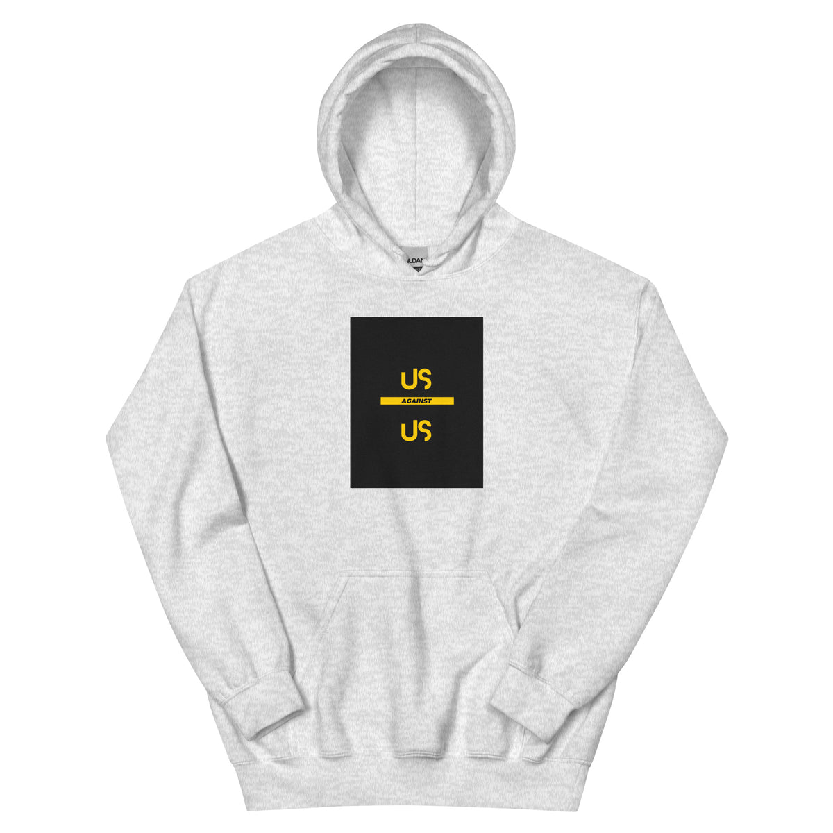 Unisex streetwear hoodie in light gray with front logo graphic and kangaroo pocket