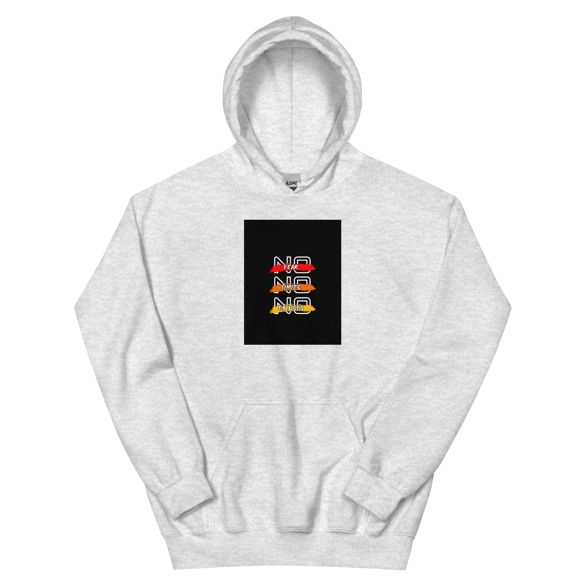 Light gray pullover hoodie with front square logo graphic and drawstring hood