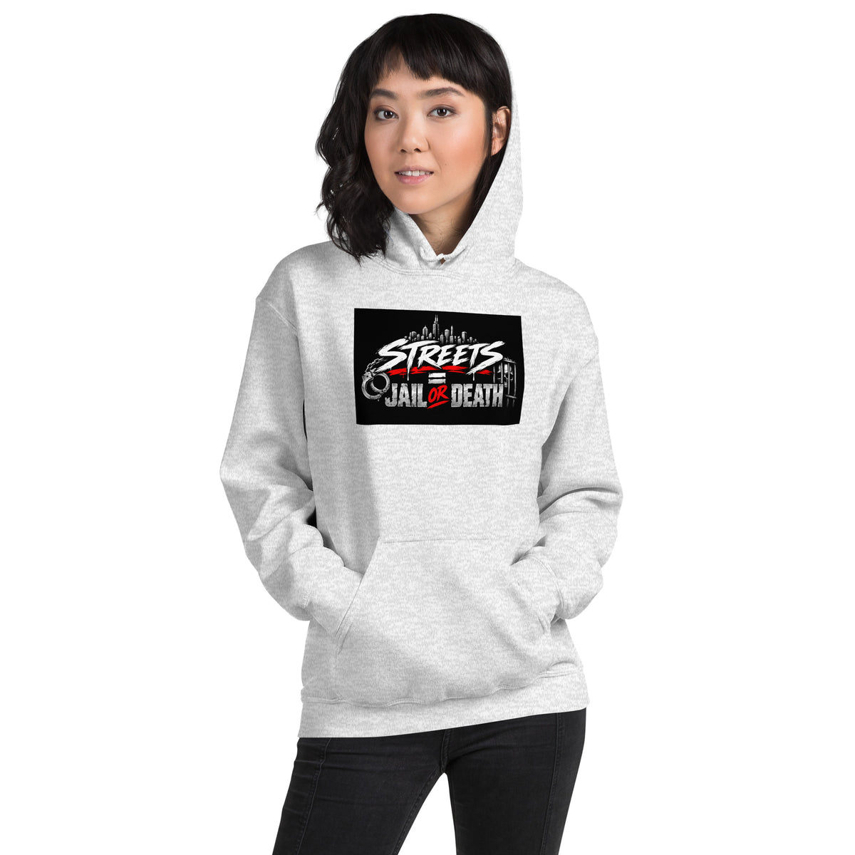 Unisex heather gray hoodie with hood, front pocket, and Streets Jail or Death graphic on chest.