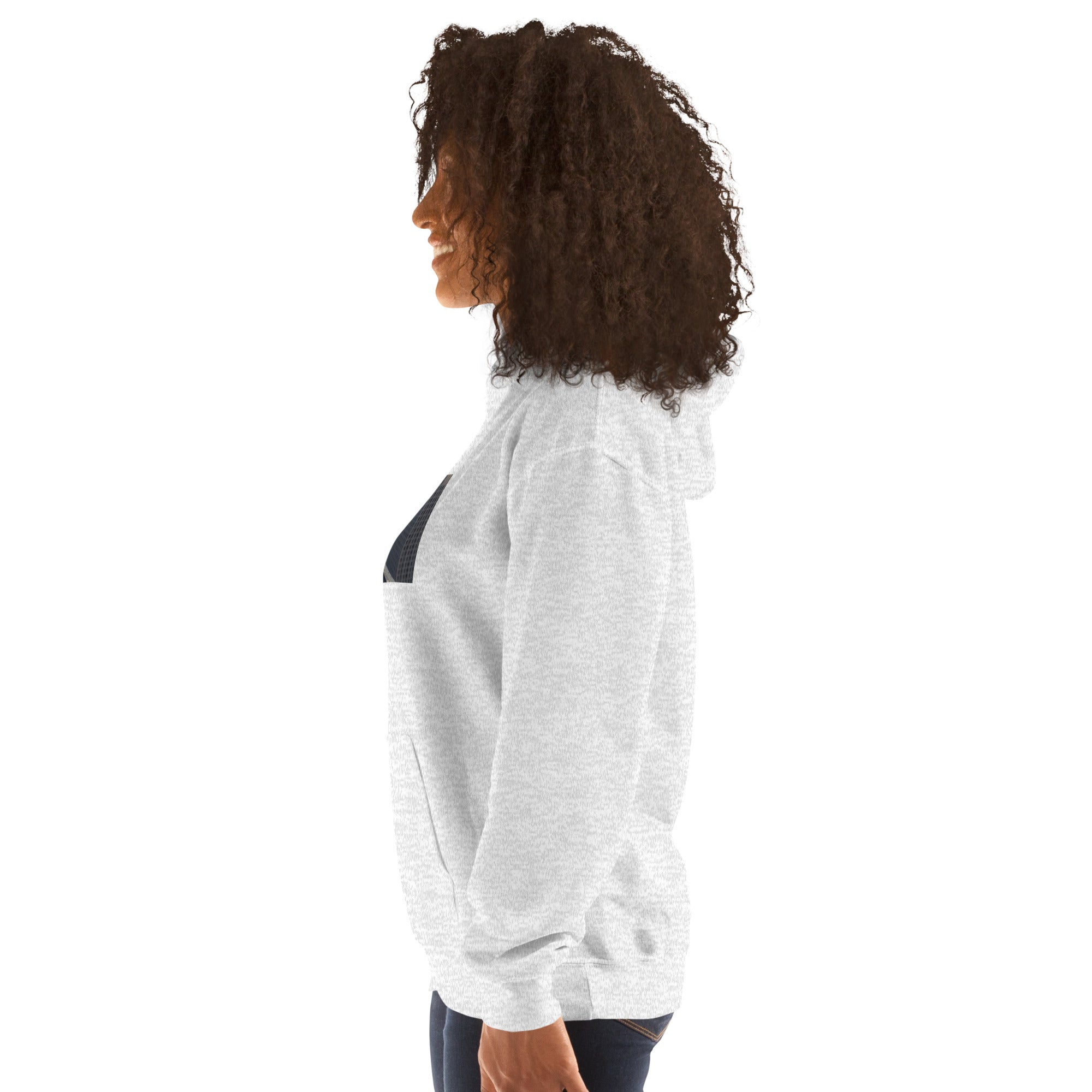 Felpa unisex grigio chiaro con cappuccio, vista laterale; manica e tasca frontale visibili