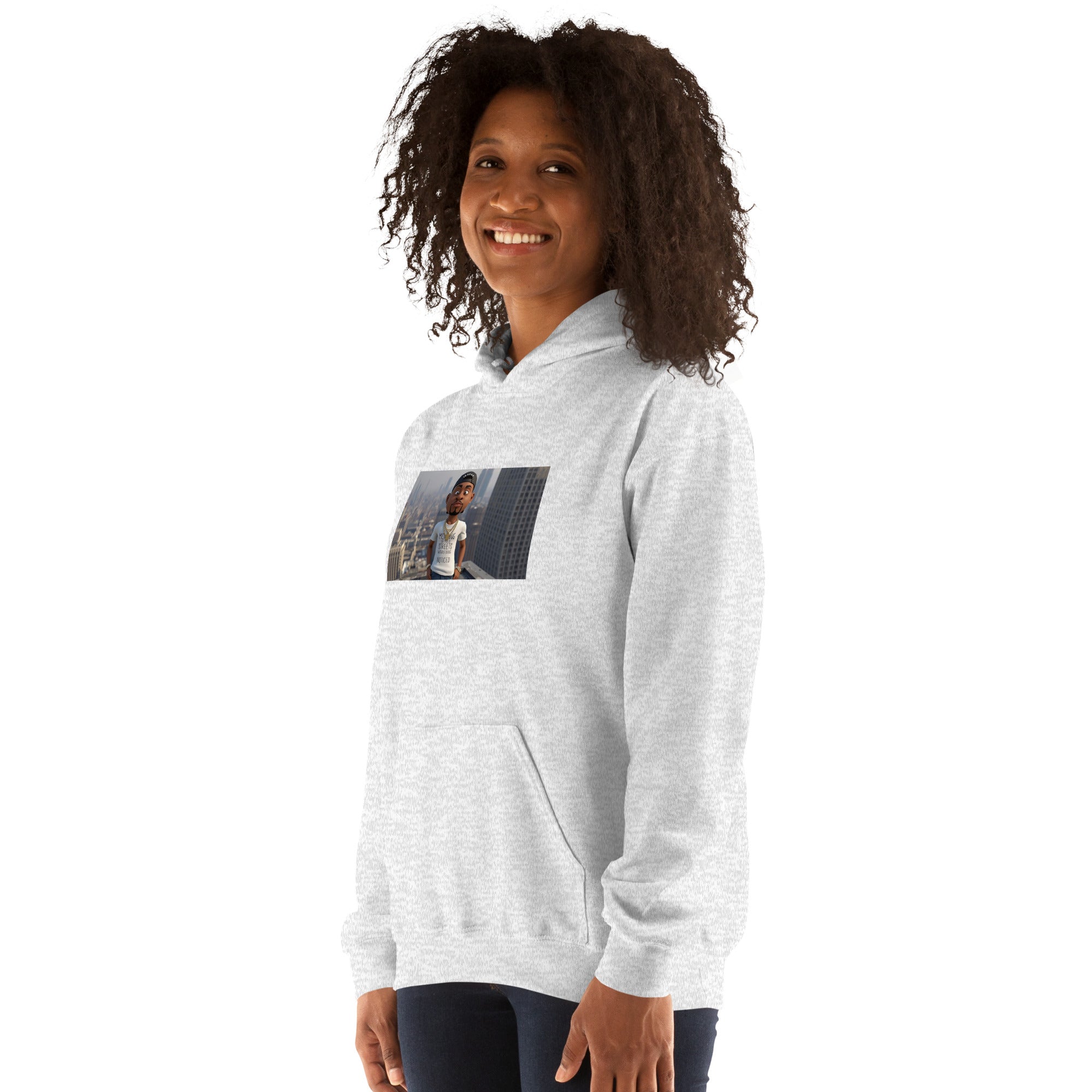 Felpa unisex grigio chiaro con cappuccio e tasca a marsupio, stampa sul petto