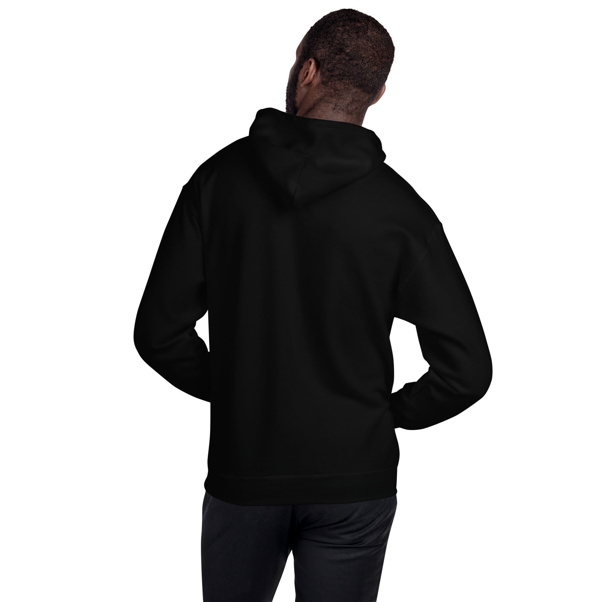 Black unisex hoodie back view from shoulders, hood up