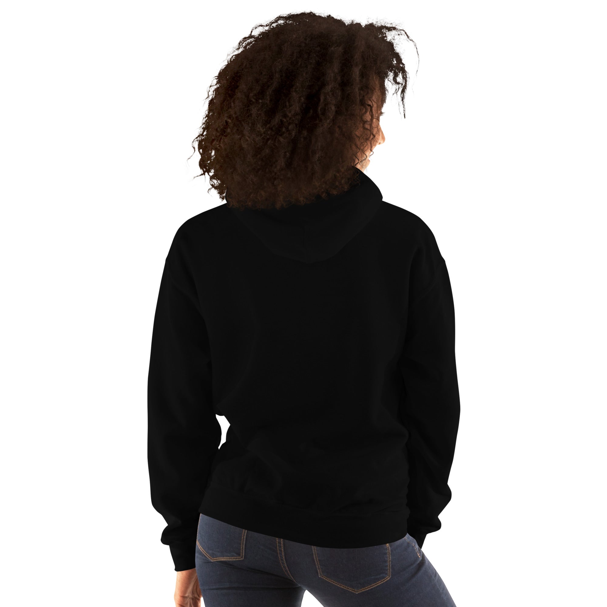 Sudadera con capucha negra, vista trasera sin estampado visible