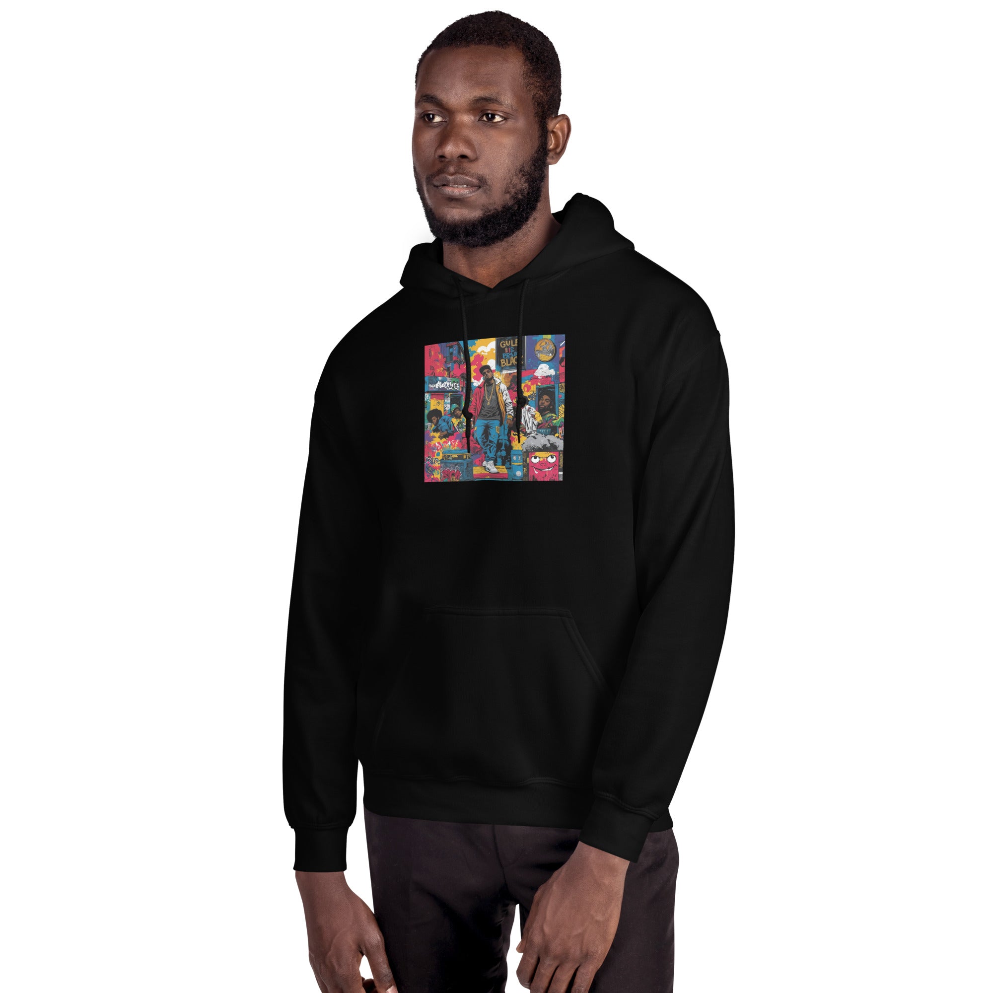 Black unisex hoodie, side view, colorful square chest graphic and hood