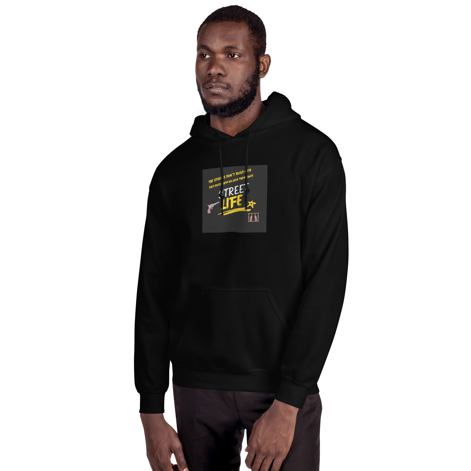 Black Street Life unisex hoodie with front graphic on the chest and front pocket