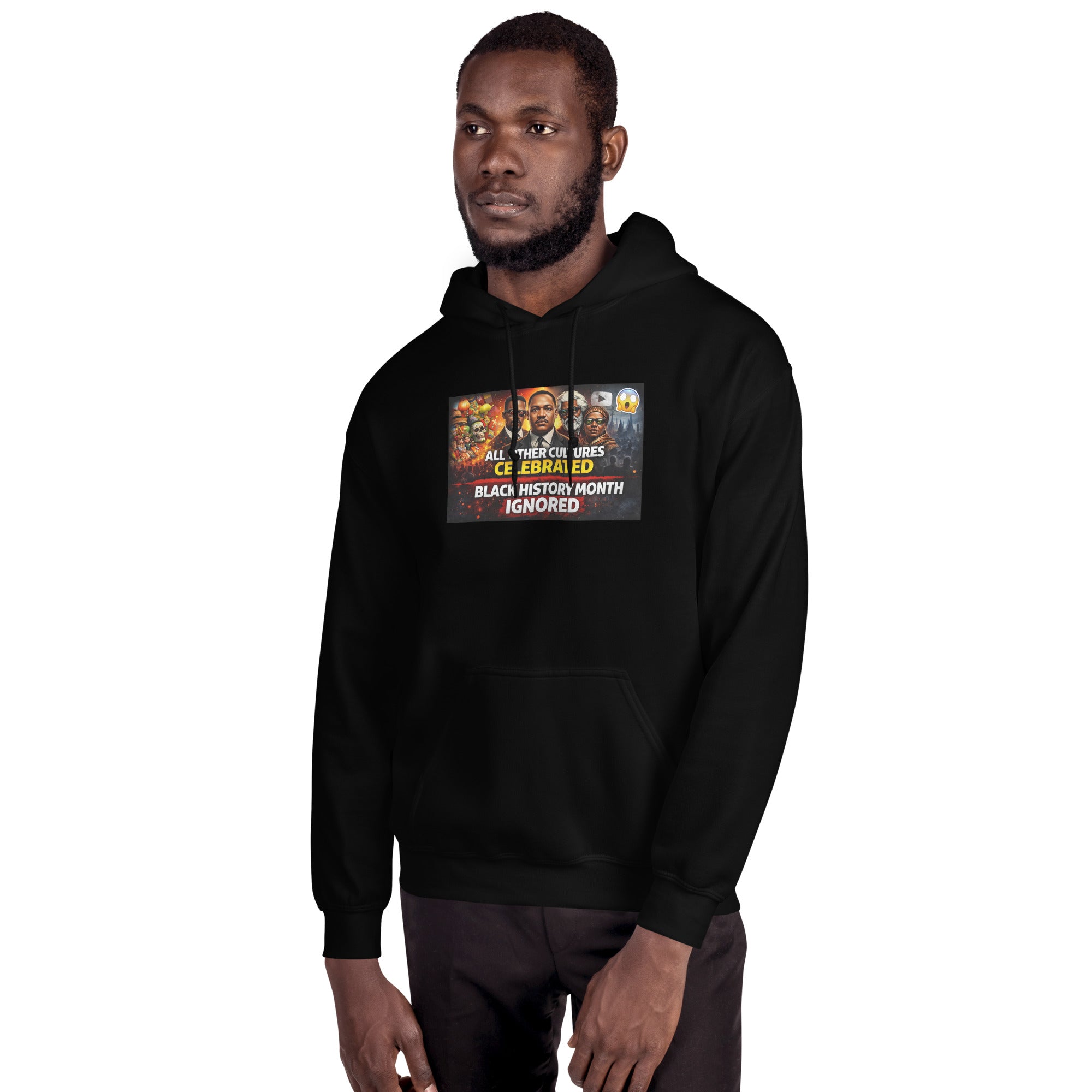 Black unisex hoodie, front-left view with colorful chest print and hood