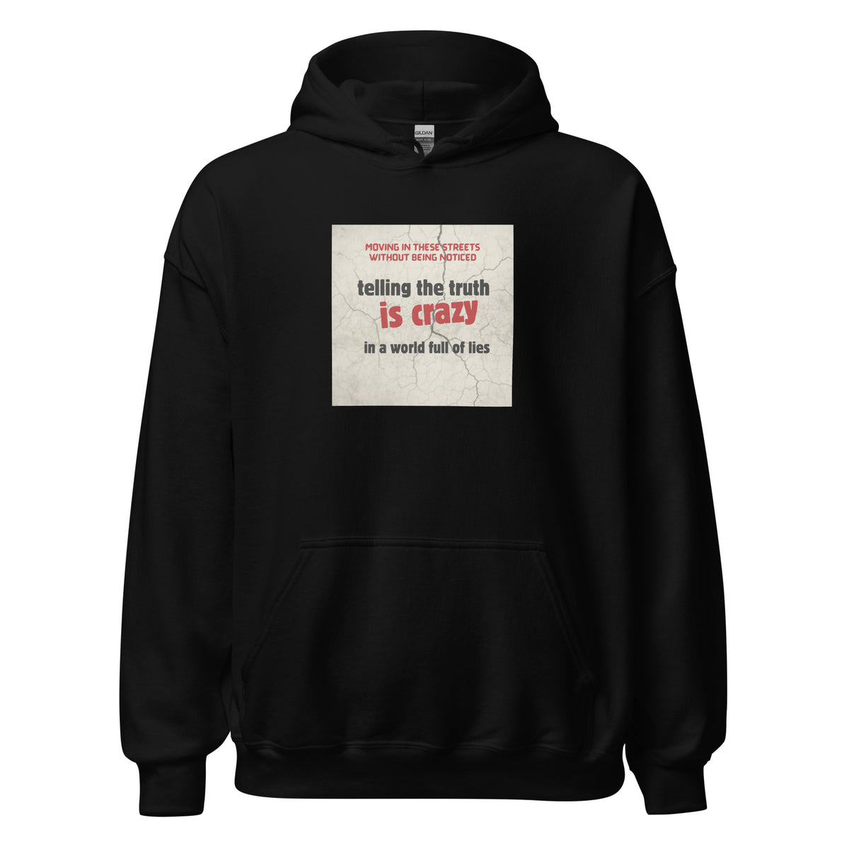 Black unisex pullover hoodie with hood, front pouch pocket, and center graphic text print