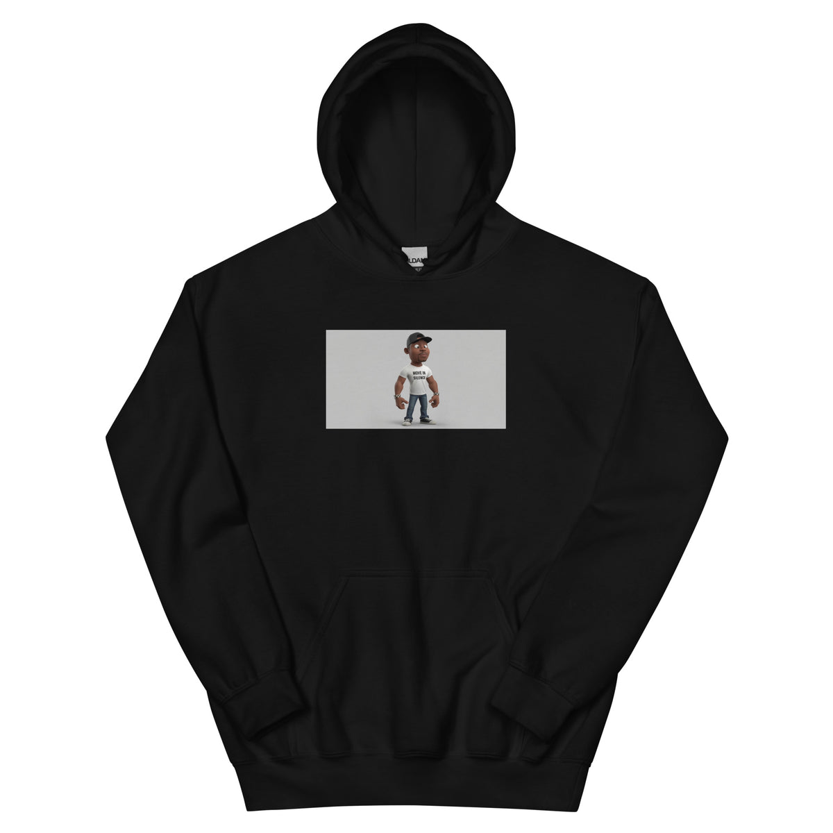 Black unisex pullover hoodie with centered graphic print and kangaroo pocket