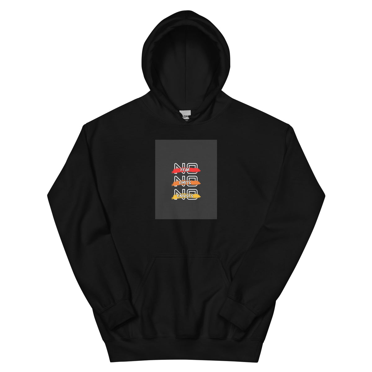 Black pullover hoodie with front square logo graphic and hood drawstring.