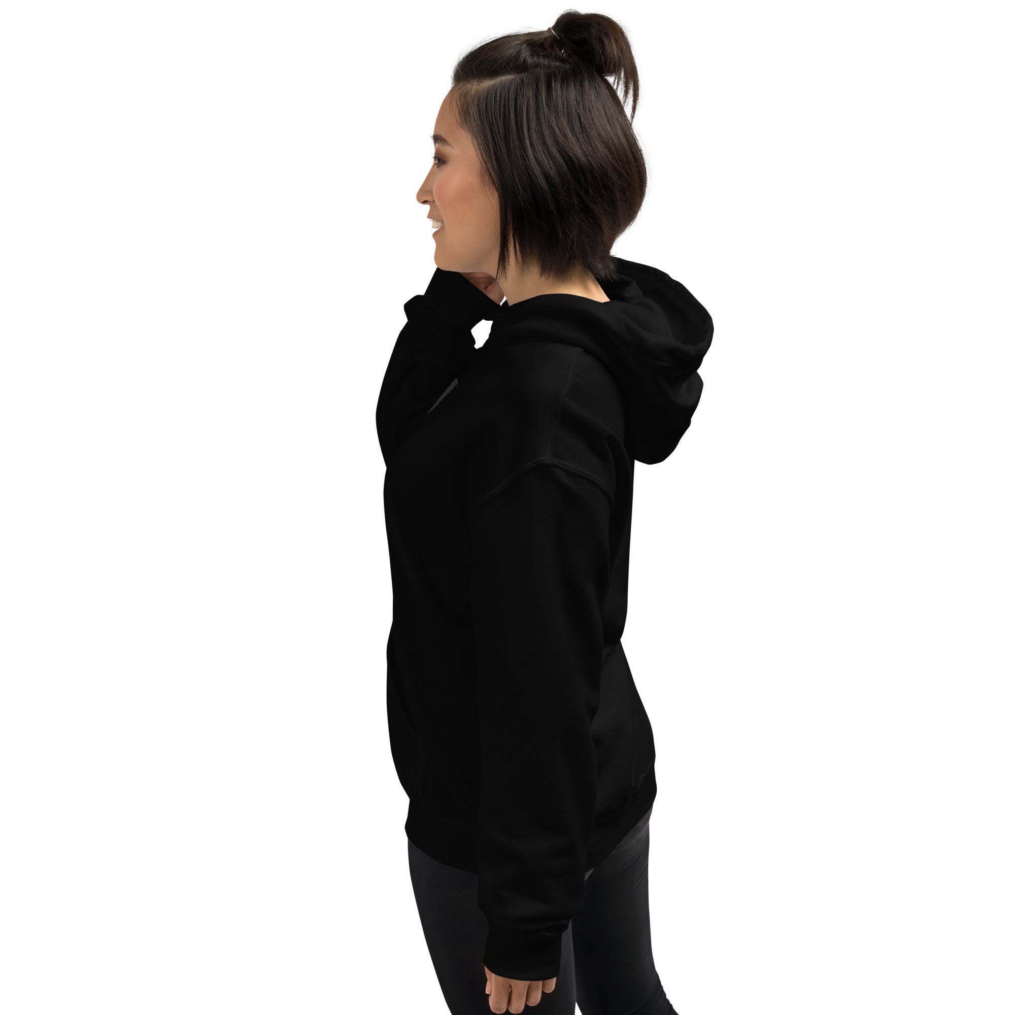 Black unisex hoodie, side view with hood and full sleeves