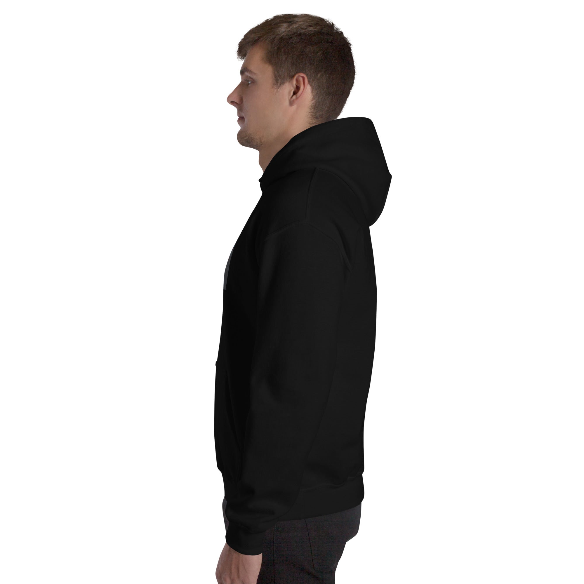 Black unisex hoodie, side profile with hood and long sleeves