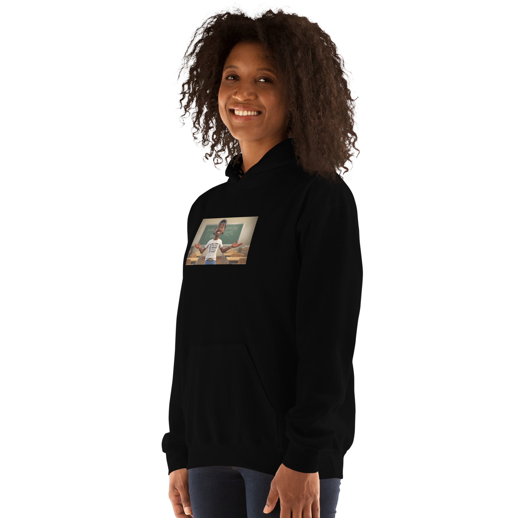 Black unisex hoodie front graphic and drawstring hood