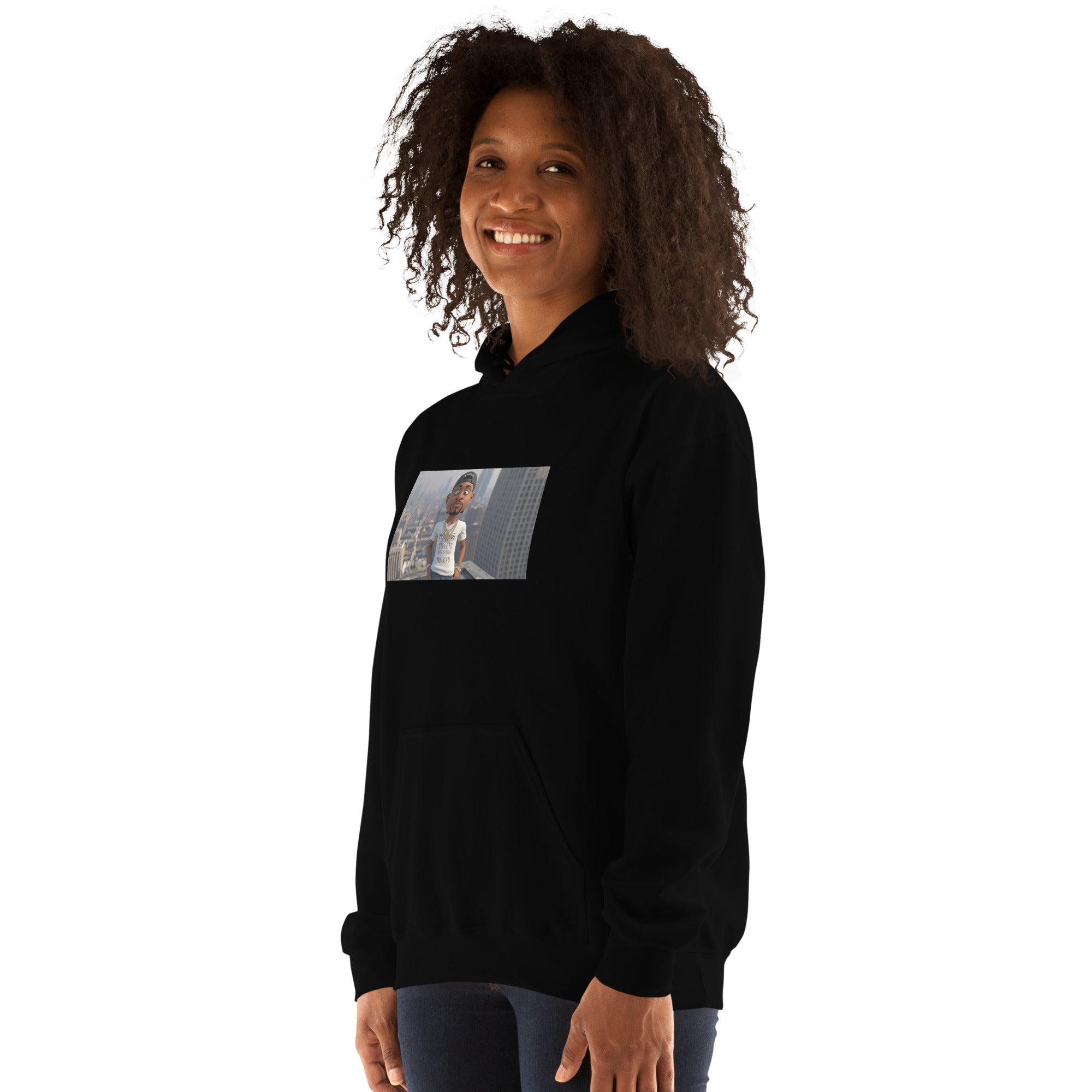 Sudadera unisex negra con capucha y bolsillo canguro, estampado rectangular frontal