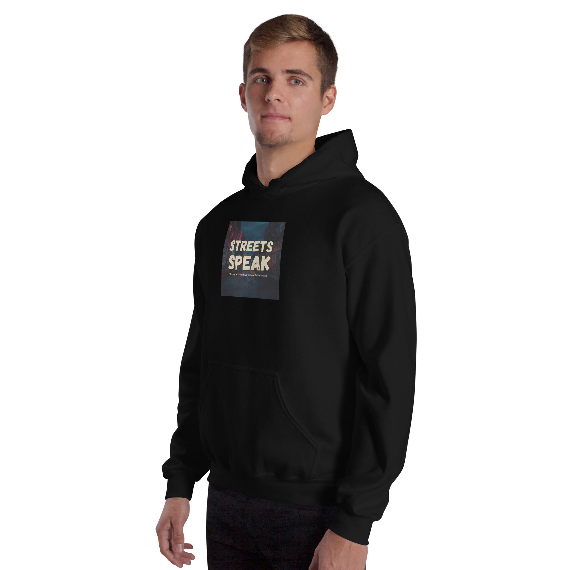 Streets Speak unisex hoodie in black, front view with square chest graphic