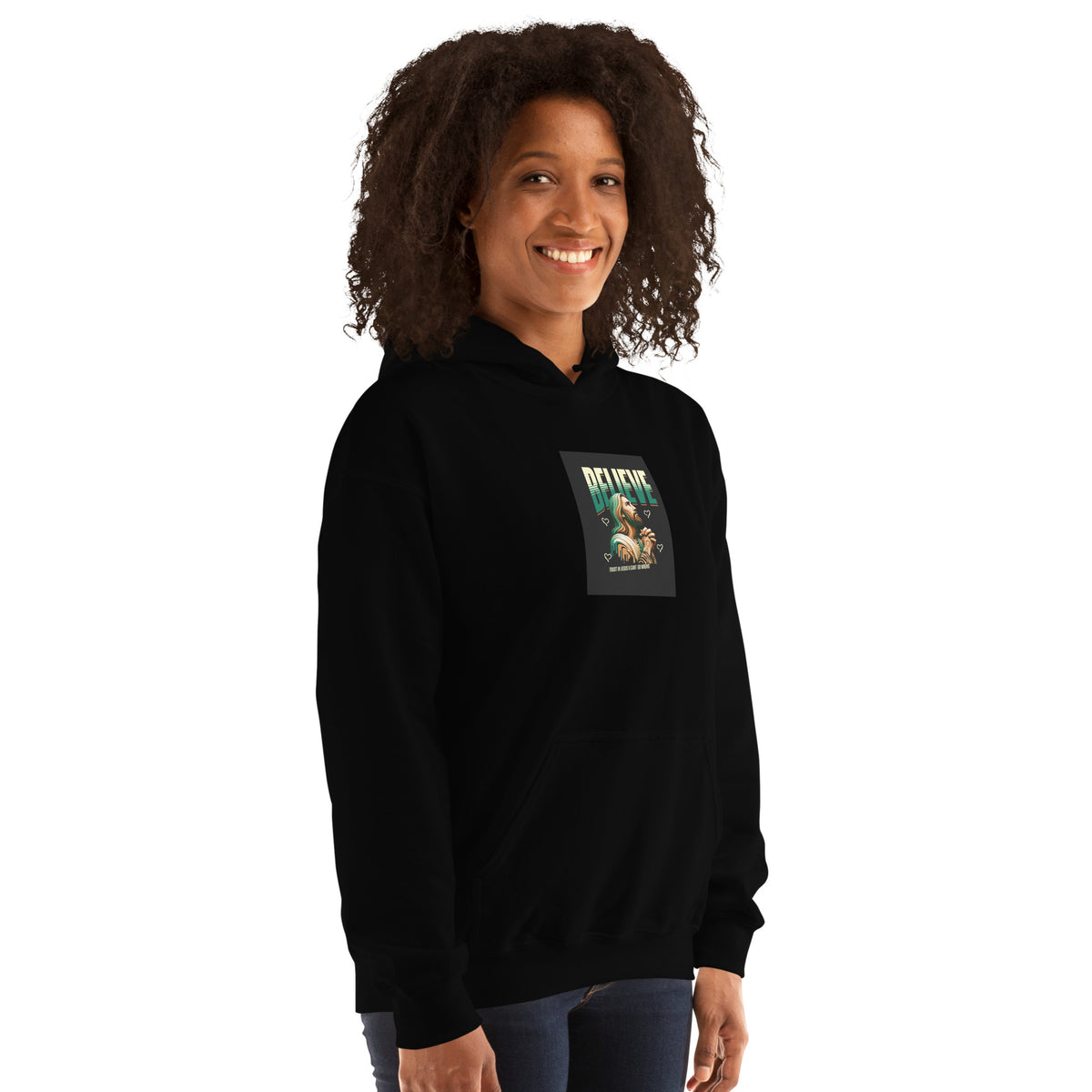 Black pullover hoodie with hood and small chest graphic print.