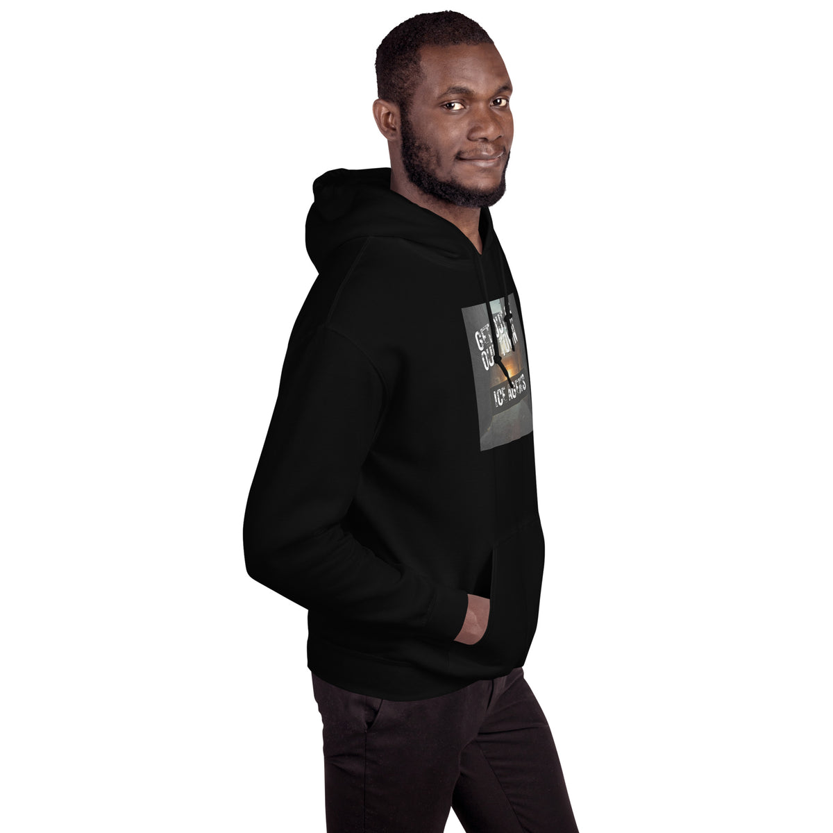 Black pullover hoodie with square chest graphic print, side view, hood and pocket.