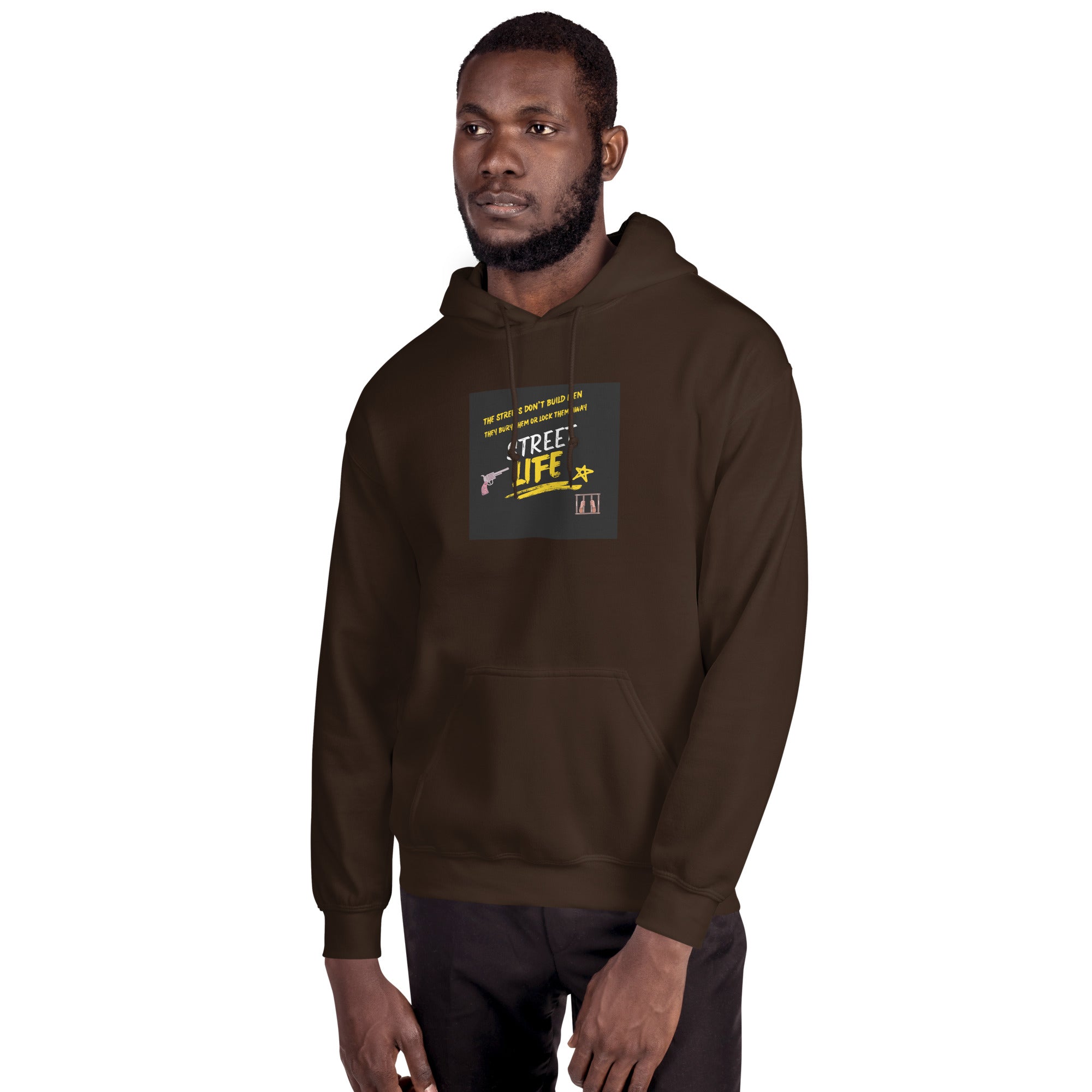 Dark chocolate unisex hoodie with front logo graphic, pullover hood and kangaroo pocket