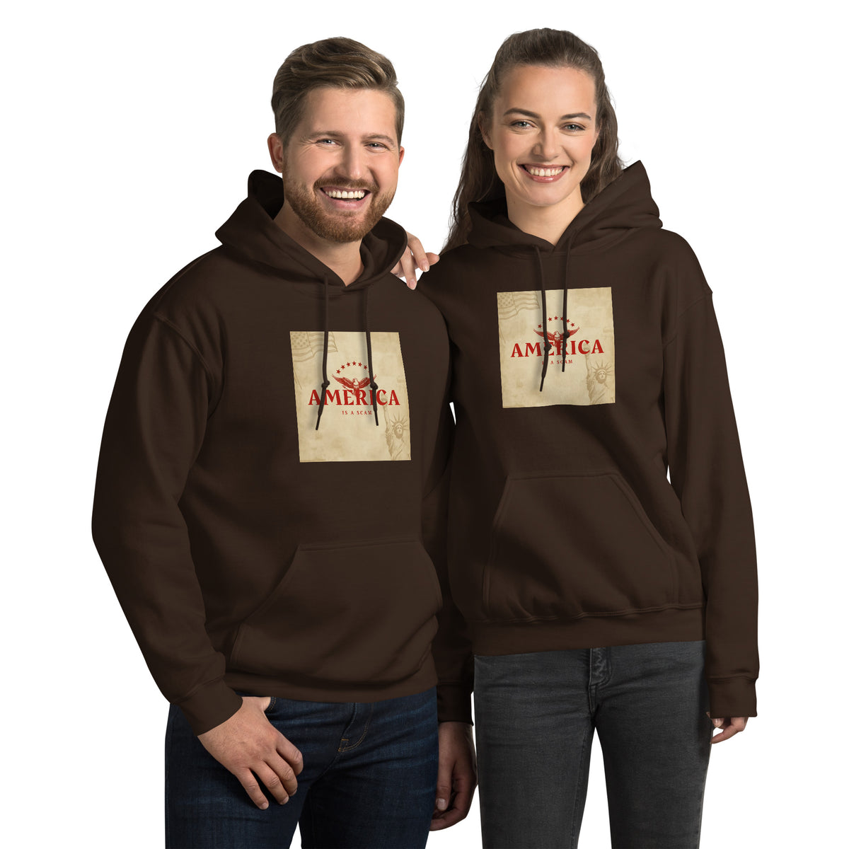 Unisex dark brown streetwear hoodie with front “AMERICA” graphic print, kangaroo pocket.