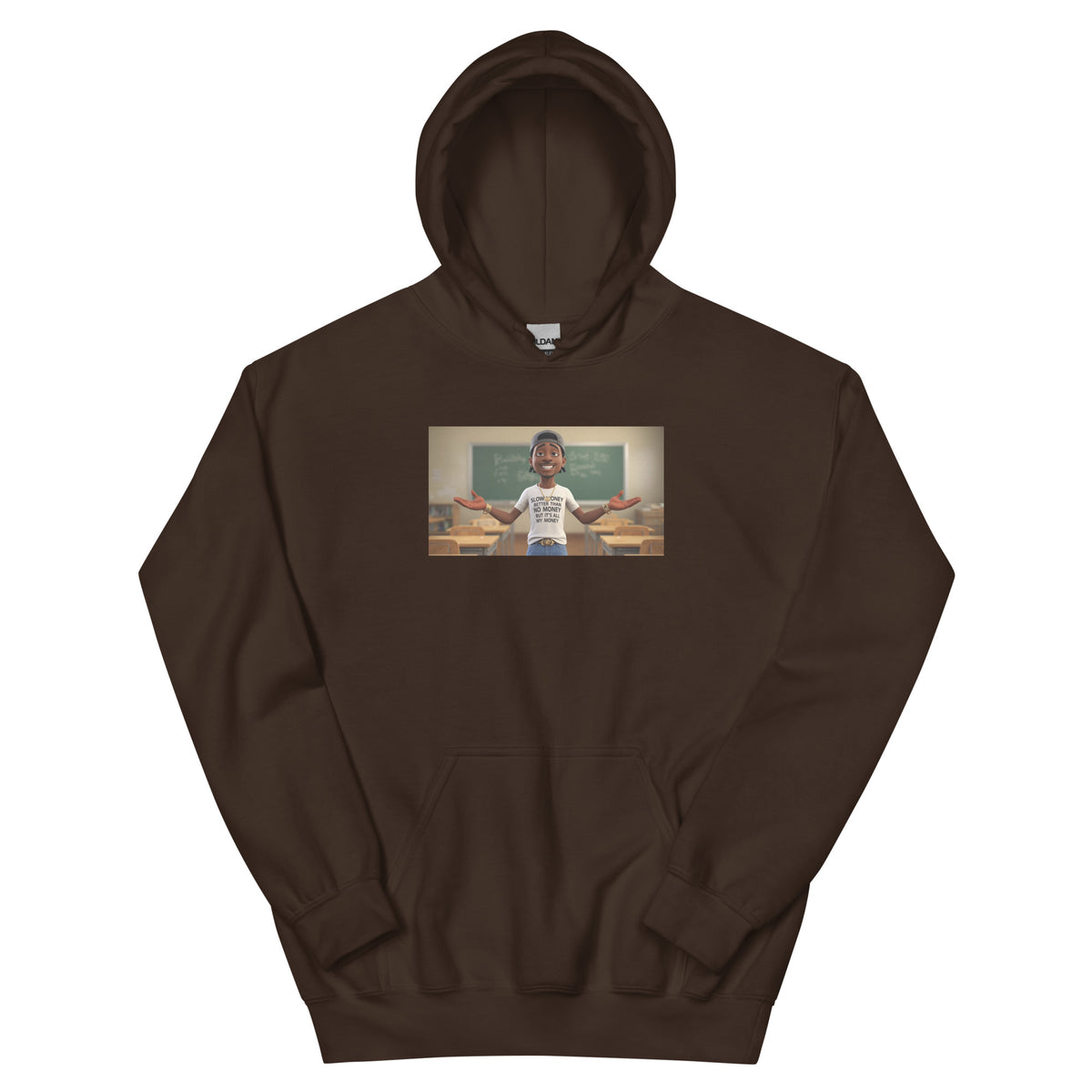Dark brown pullover hoodie with kangaroo pocket, adjustable hood, and small chest graphic.