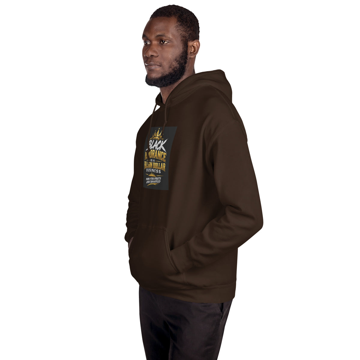 Dark brown unisex hoodie with hood, drawstrings, kangaroo pocket, and front graphic patch.