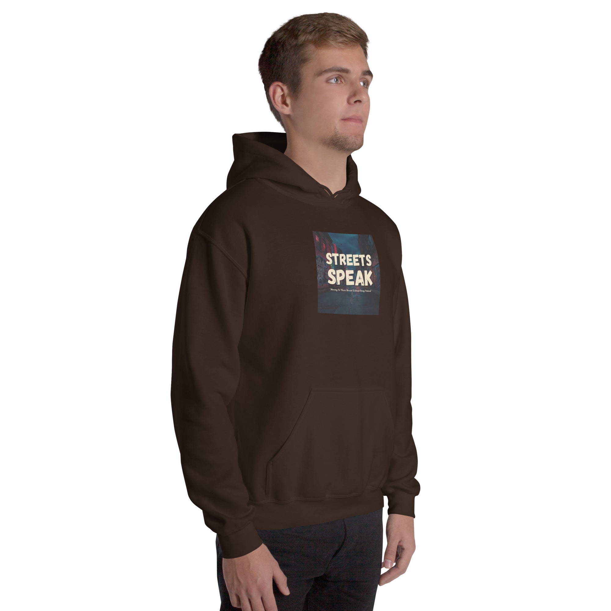Dark chocolate hoodie front view, hood, kangaroo pocket, “STREETS SPEAK” print