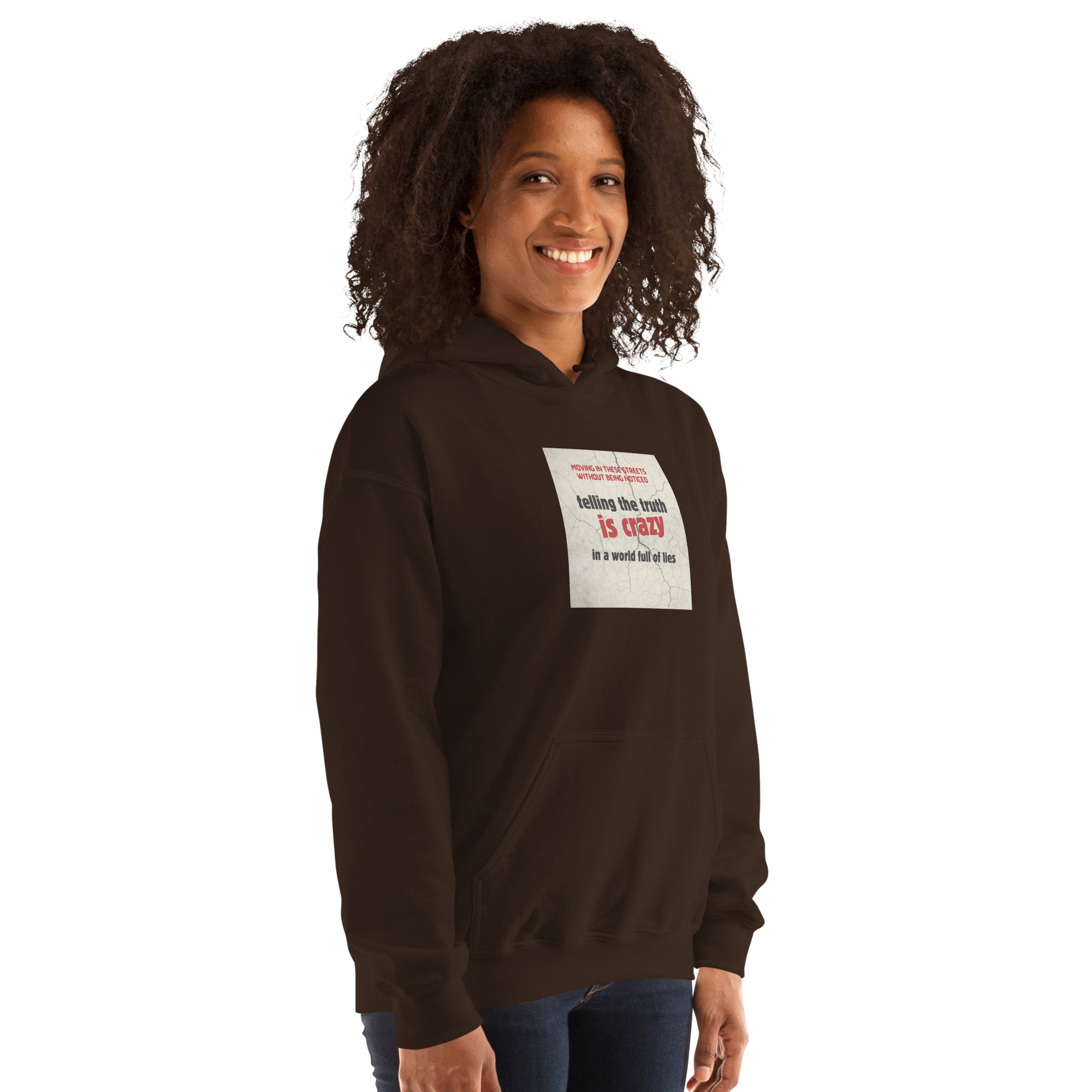 Dark hoodie front view with graphic square patch and kangaroo pocket