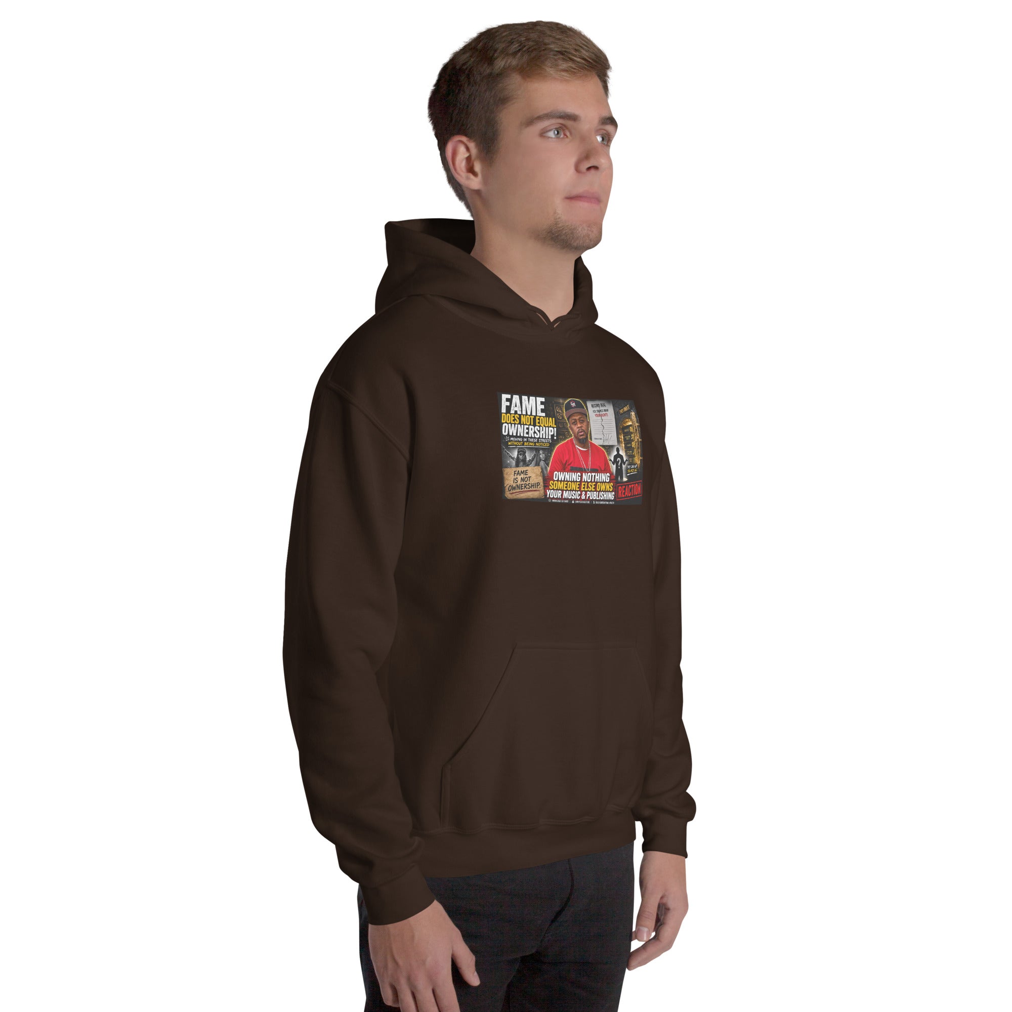 Dark chocolate unisex hoodie with hood, kangaroo pocket, and chest graphic print