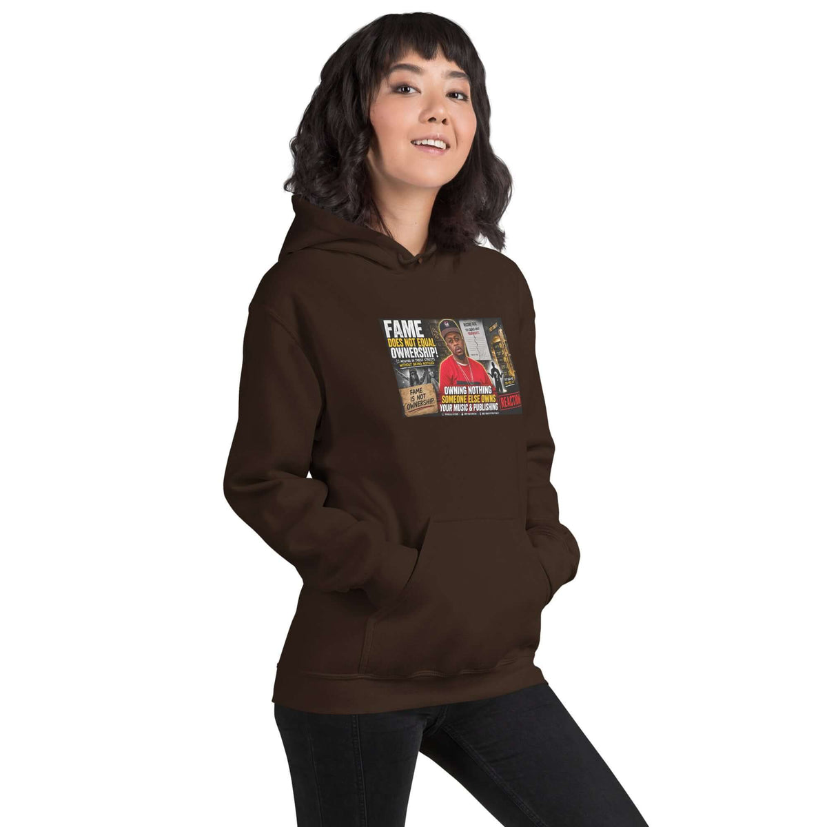 Dark brown pullover hoodie with front graphic print and drawstring hood, kangaroo pocket.