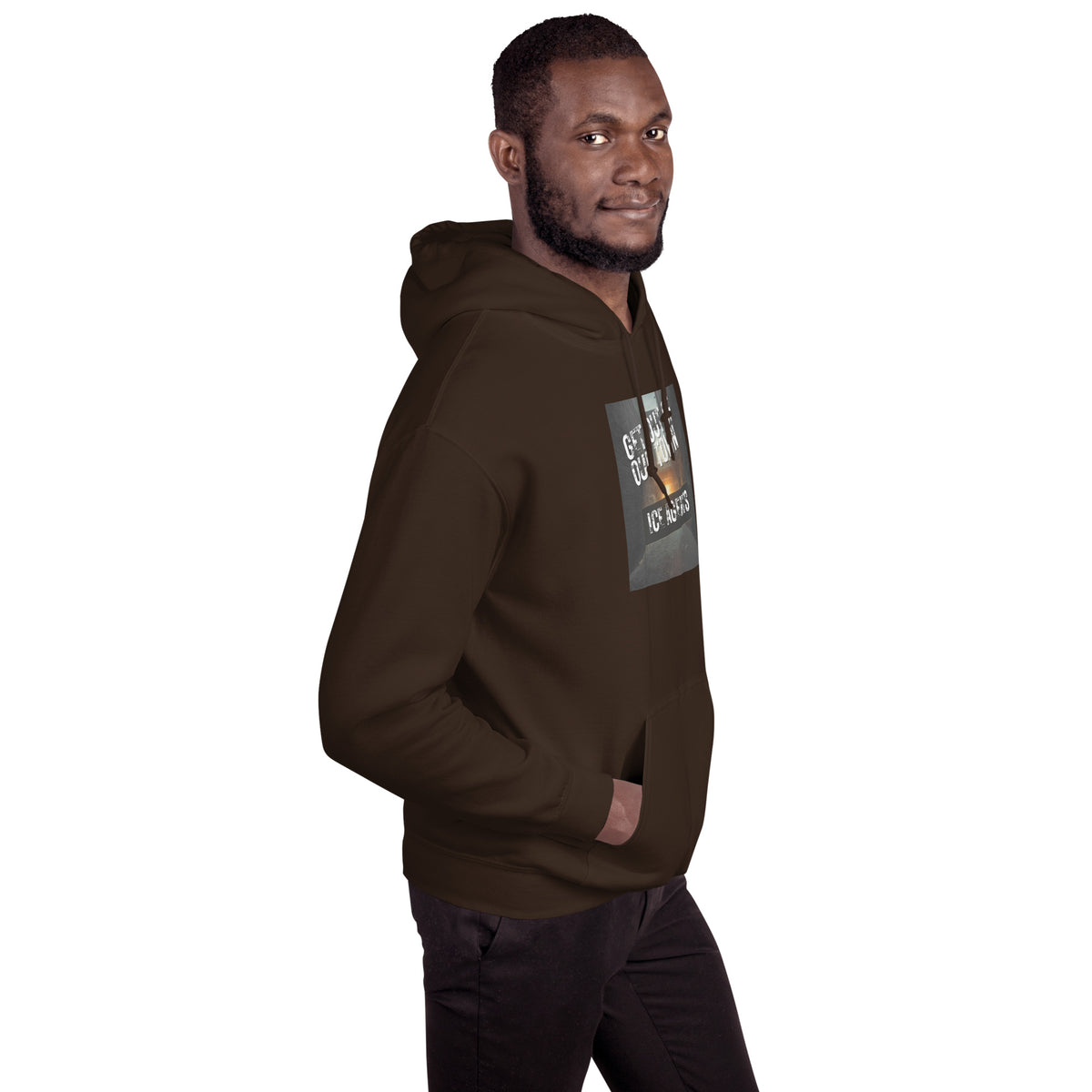 Dark brown pullover hoodie with hood and kangaroo pocket, side view of front graphic