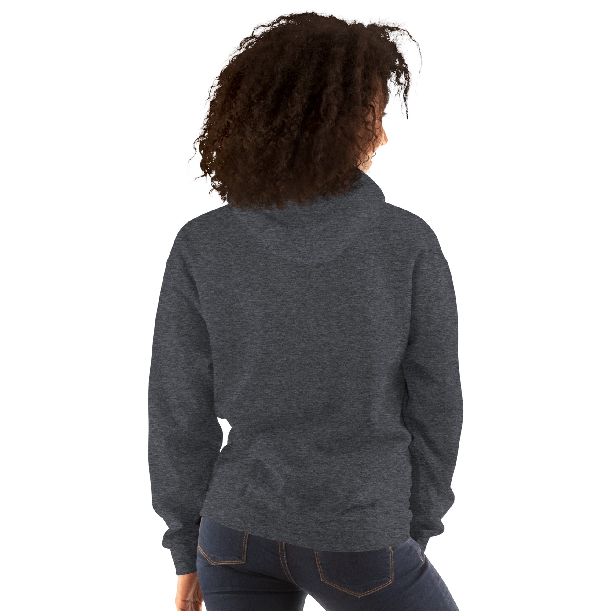 Gray heather hoodie back view with hood and drawstring