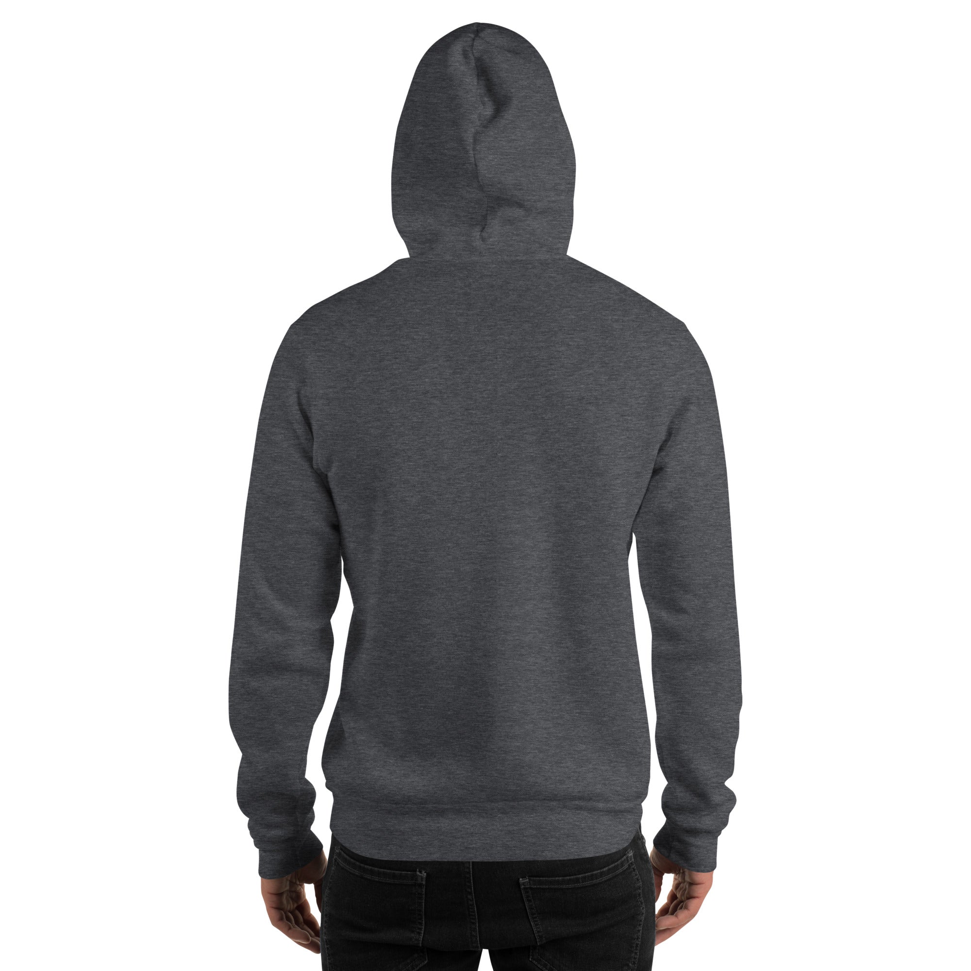 Dark gray heather unisex hoodie, back view with hood and kangaroo pocket.