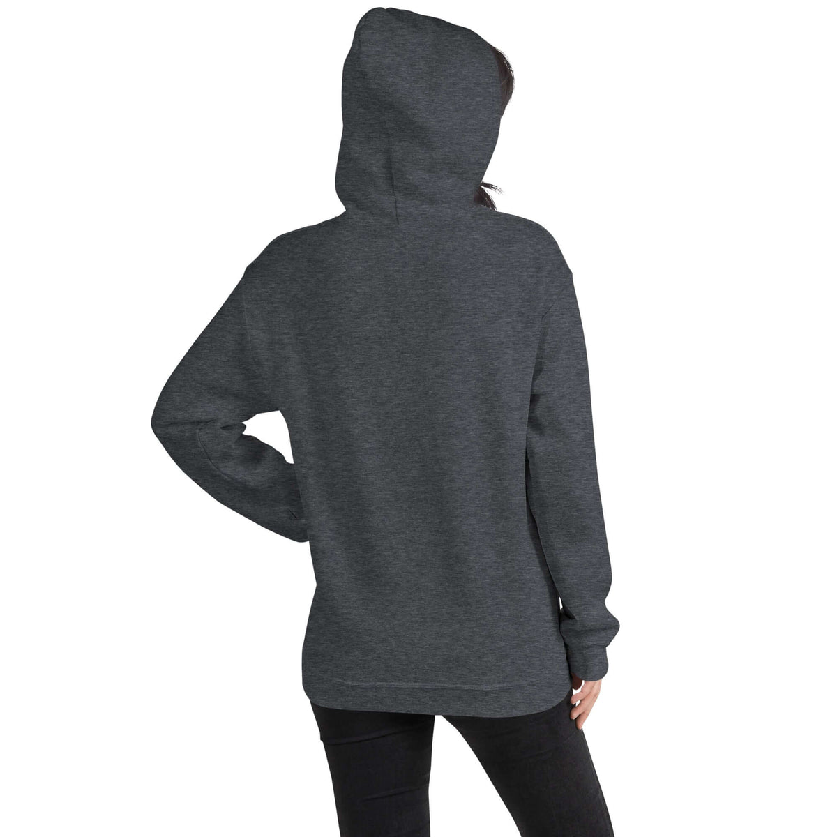 Sport gray pullover hoodie with attached hood and kangaroo pocket; back/side view.