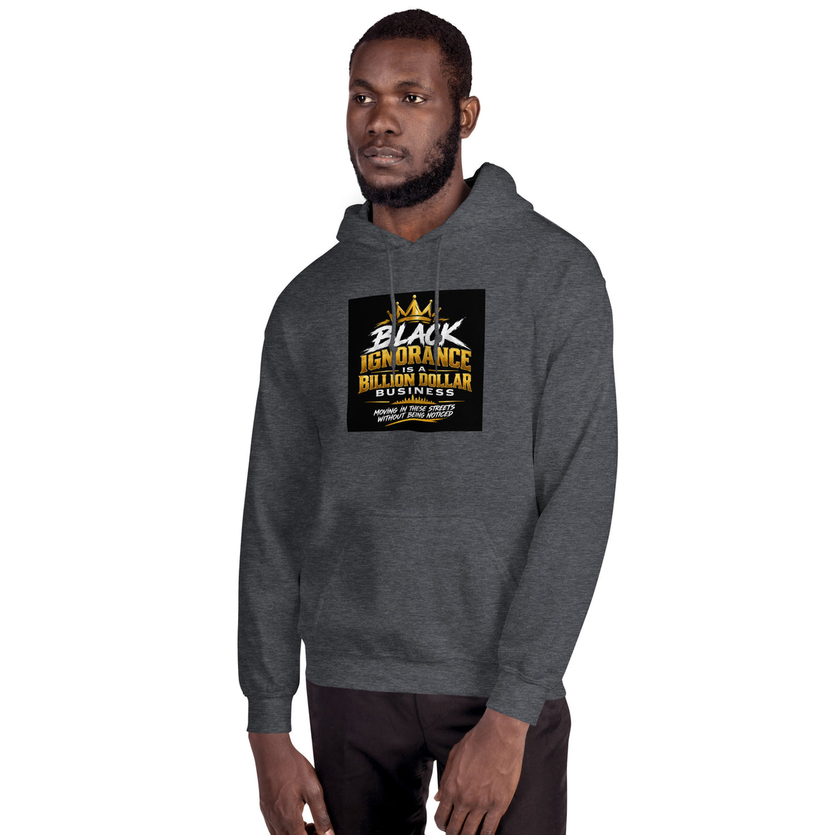 Dark heather gray unisex pullover hoodie with front logo graphic