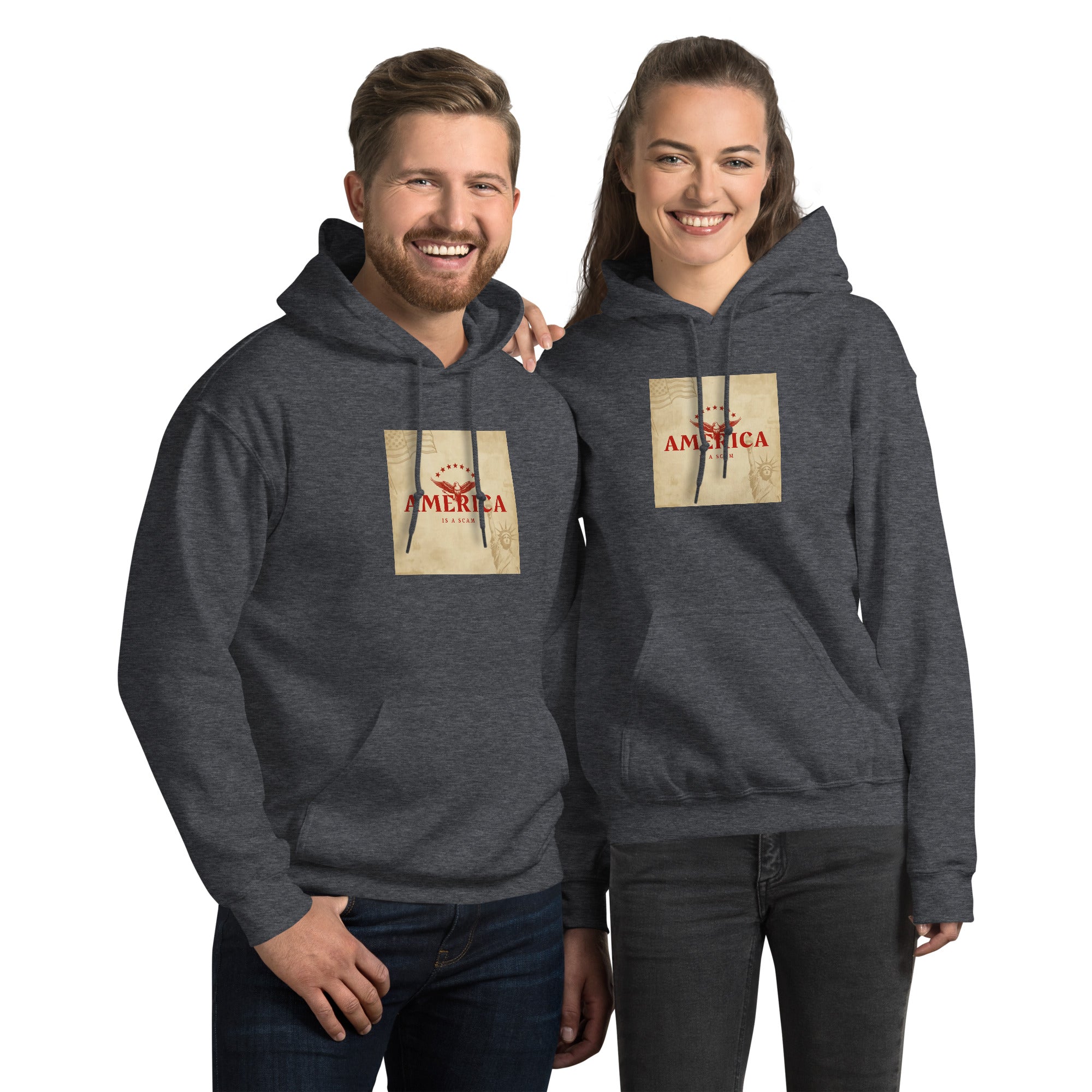 Unisex-Hoodie grau meliert mit Frontdruck und Kängurutasche