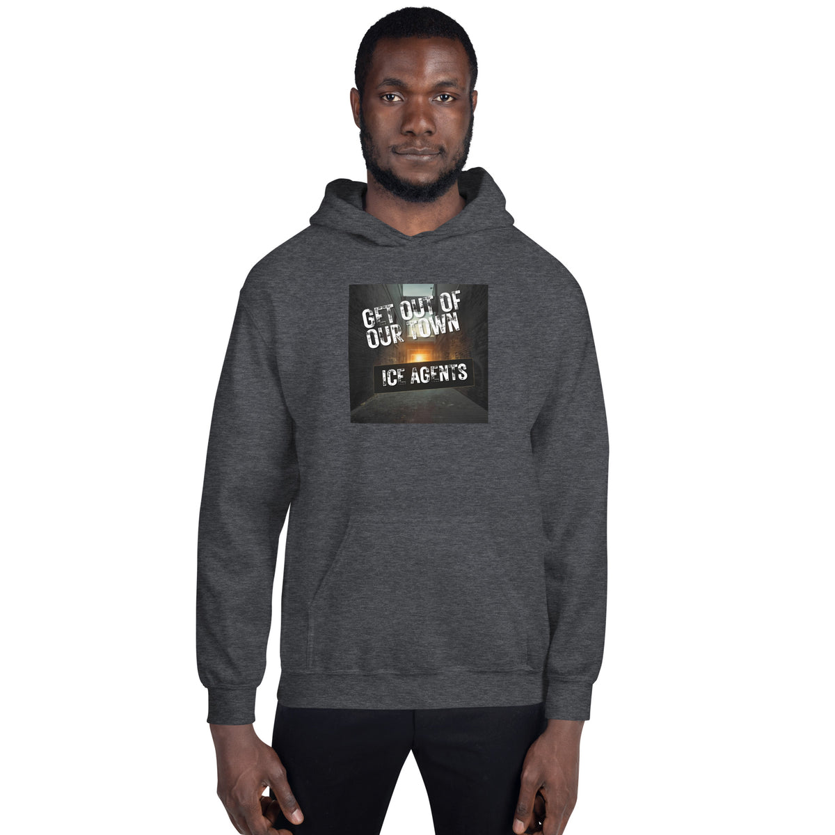 Dark heather gray pullover hoodie with attached hood and front square graphic print.