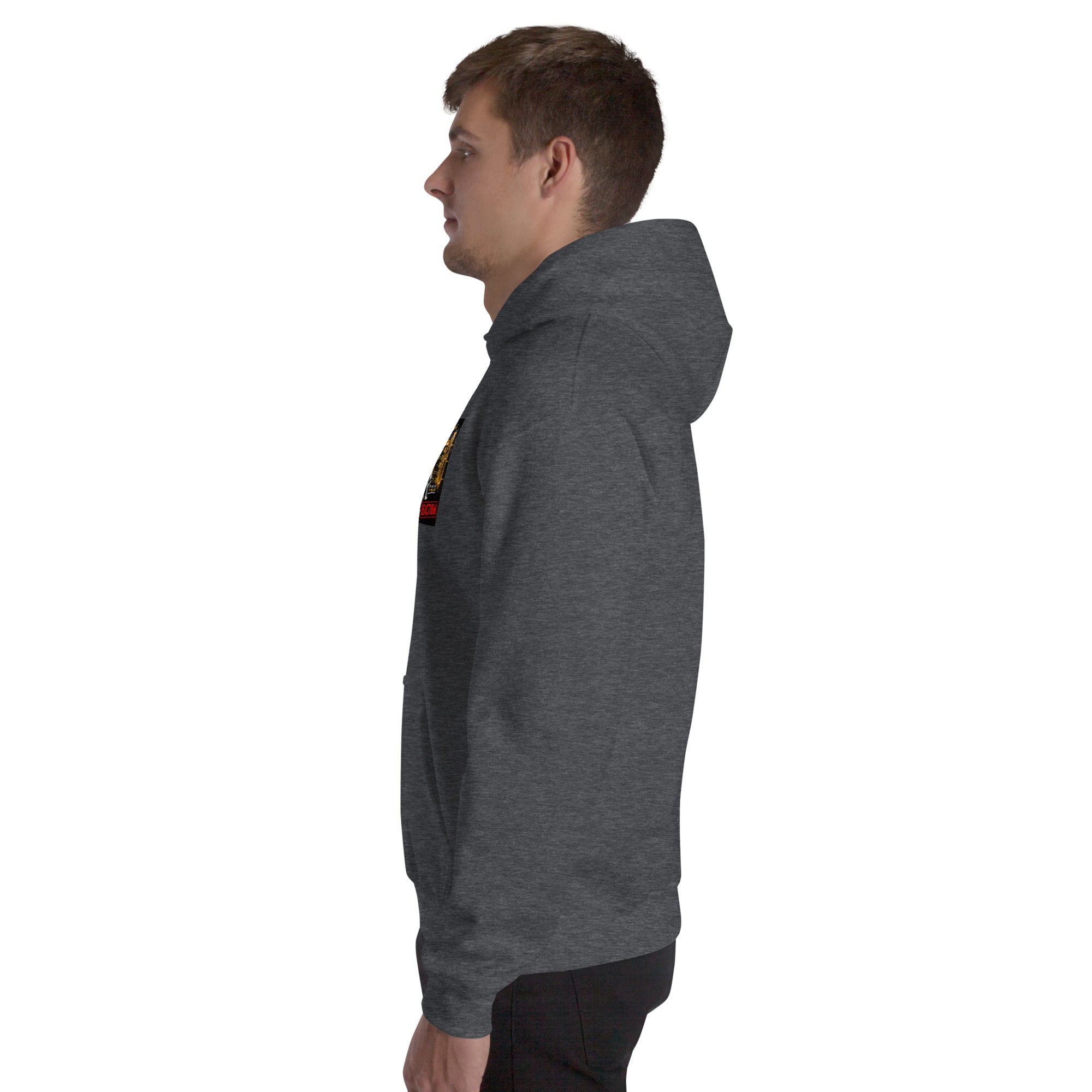 Dark gray heather unisex hoodie on side view, front graphic partially visible.