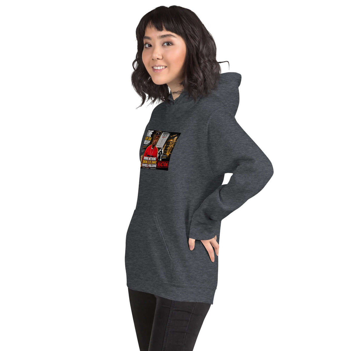 Dark heather gray unisex hoodie with front graphic print, hood and kangaroo pocket