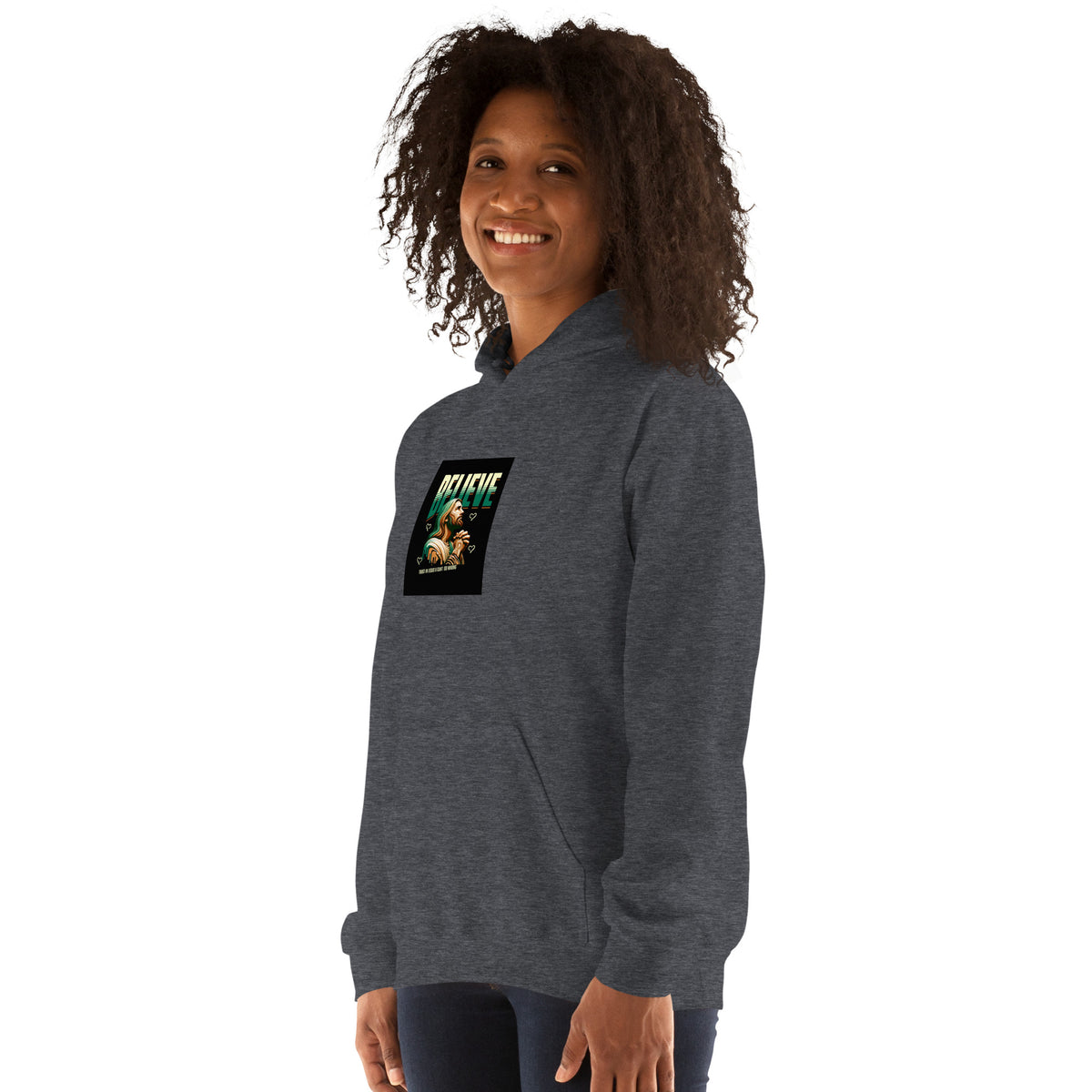 Dark gray pullover hoodie with hood, front graphic print, and long sleeves.