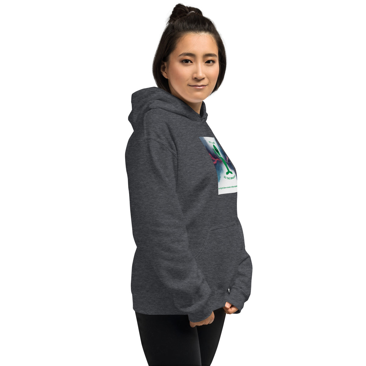 Dark heather gray pullover hoodie with hood and colorful chest artwork