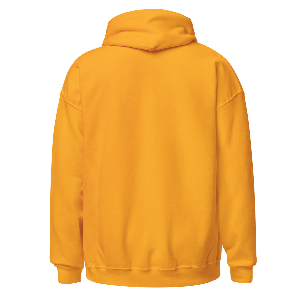 Orange unisex pullover hoodie, back view, kangaroo pocket, drawstring hood.